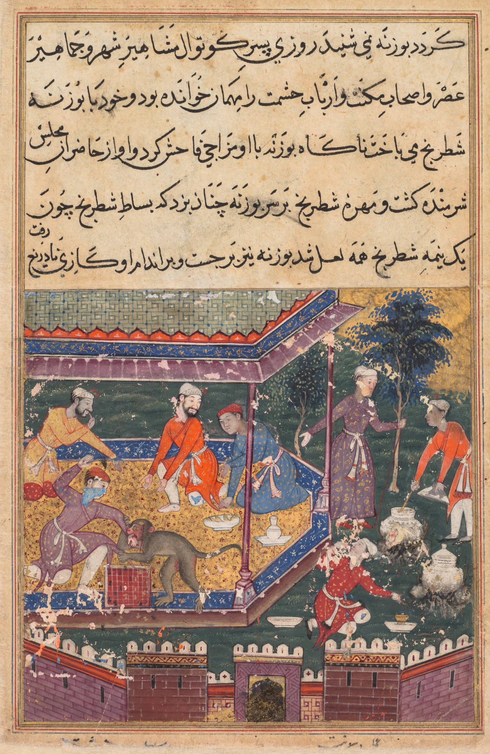 The wounded monkey bites the hand of the prince, his chessmate, in the presence of guests, from a Tuti-nama (Tales of a Parrot): Fifth Night by Dasavanta