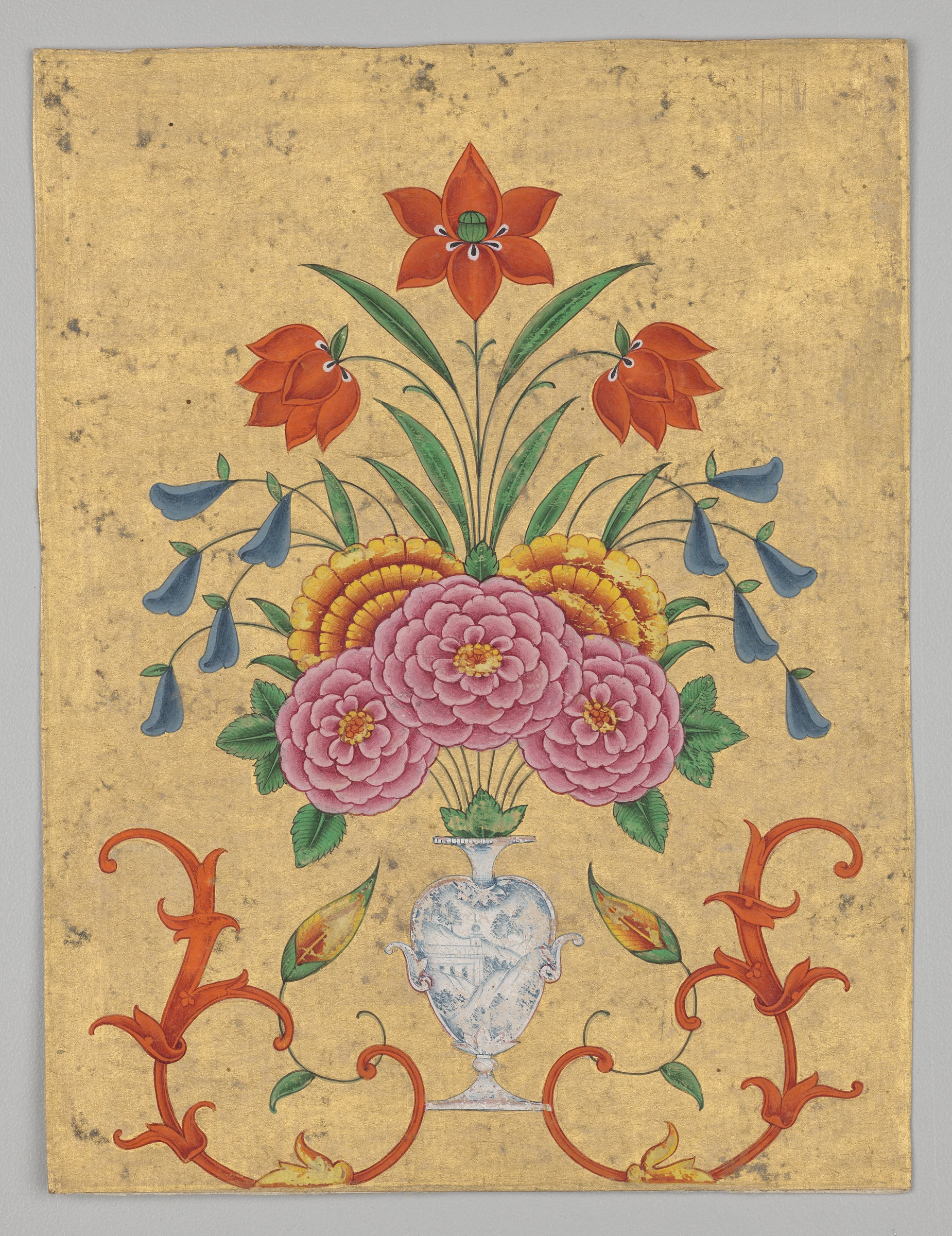 Vase with flower arrangement and scrollwork