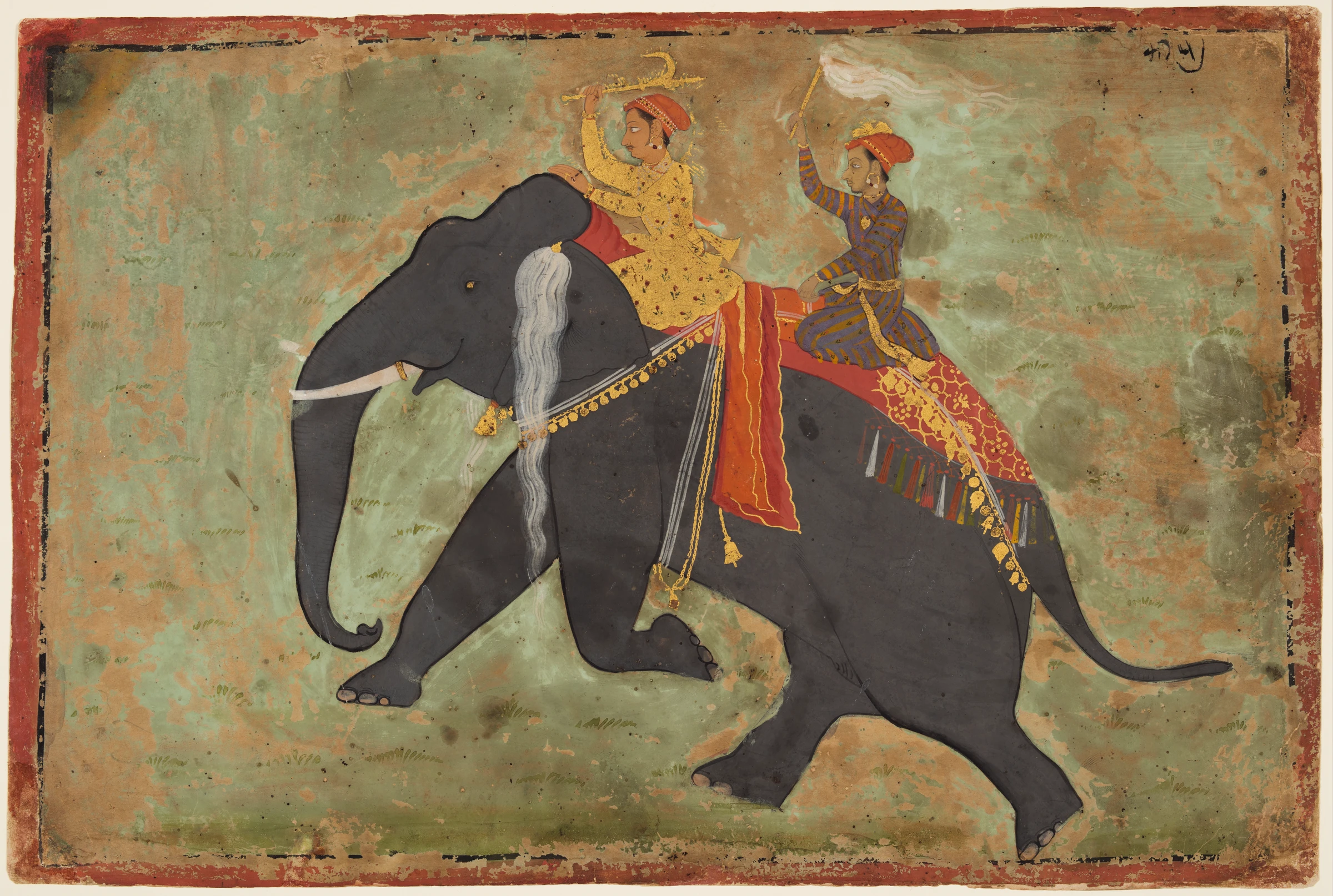 Prince Amar Singh (1672–1710) Drives His Own Elephant by Mewar Stipple Master