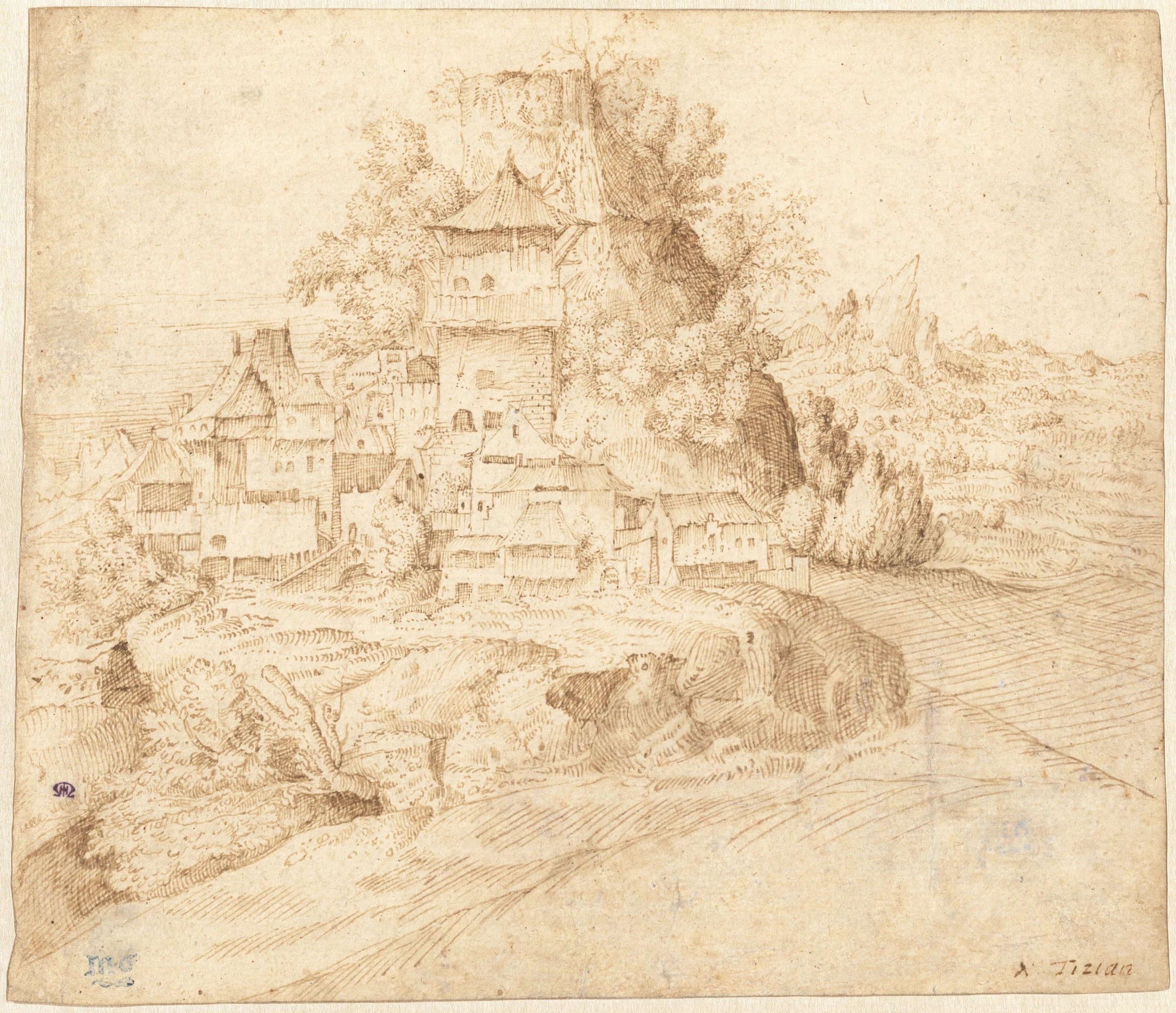 a village nestled at the foot of a hill (recto) 2006.11.25.a
