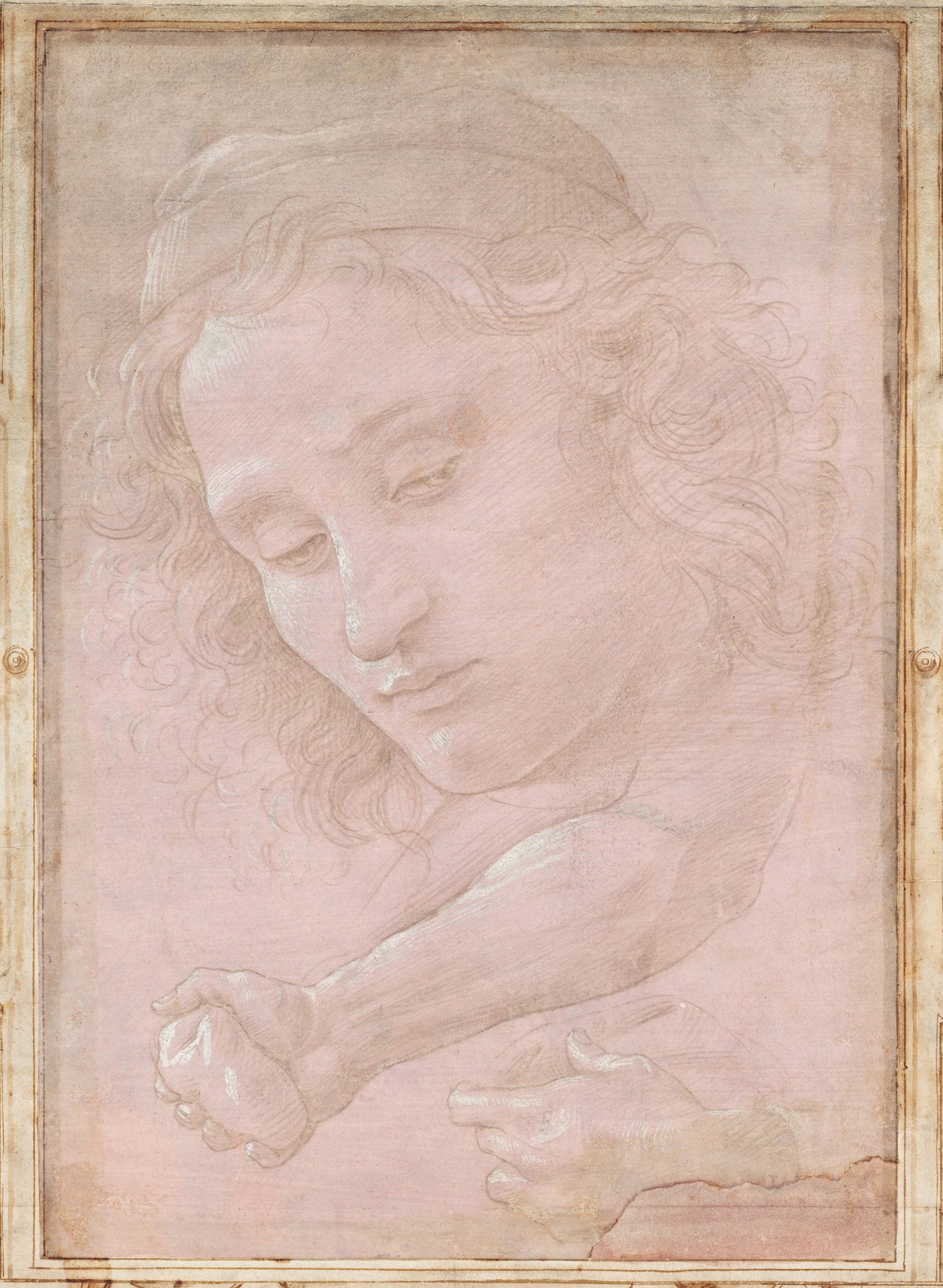 head of a youth wearing a cap; a right forearm with the hand clutching a stone; and a left hand holding a drapery 1991.190.1.a