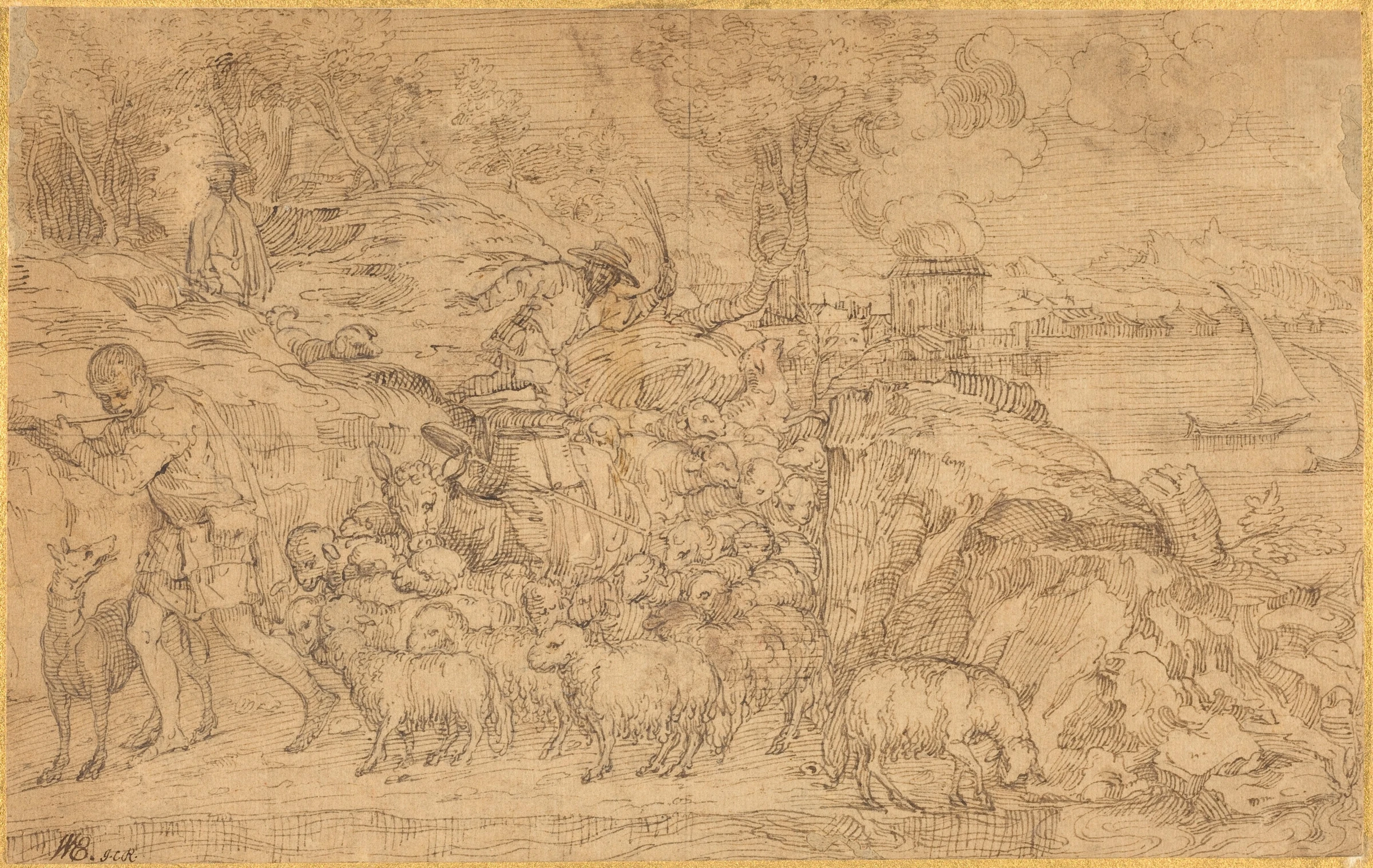 shepherd playing a flute and leading his flock 2010.93.11