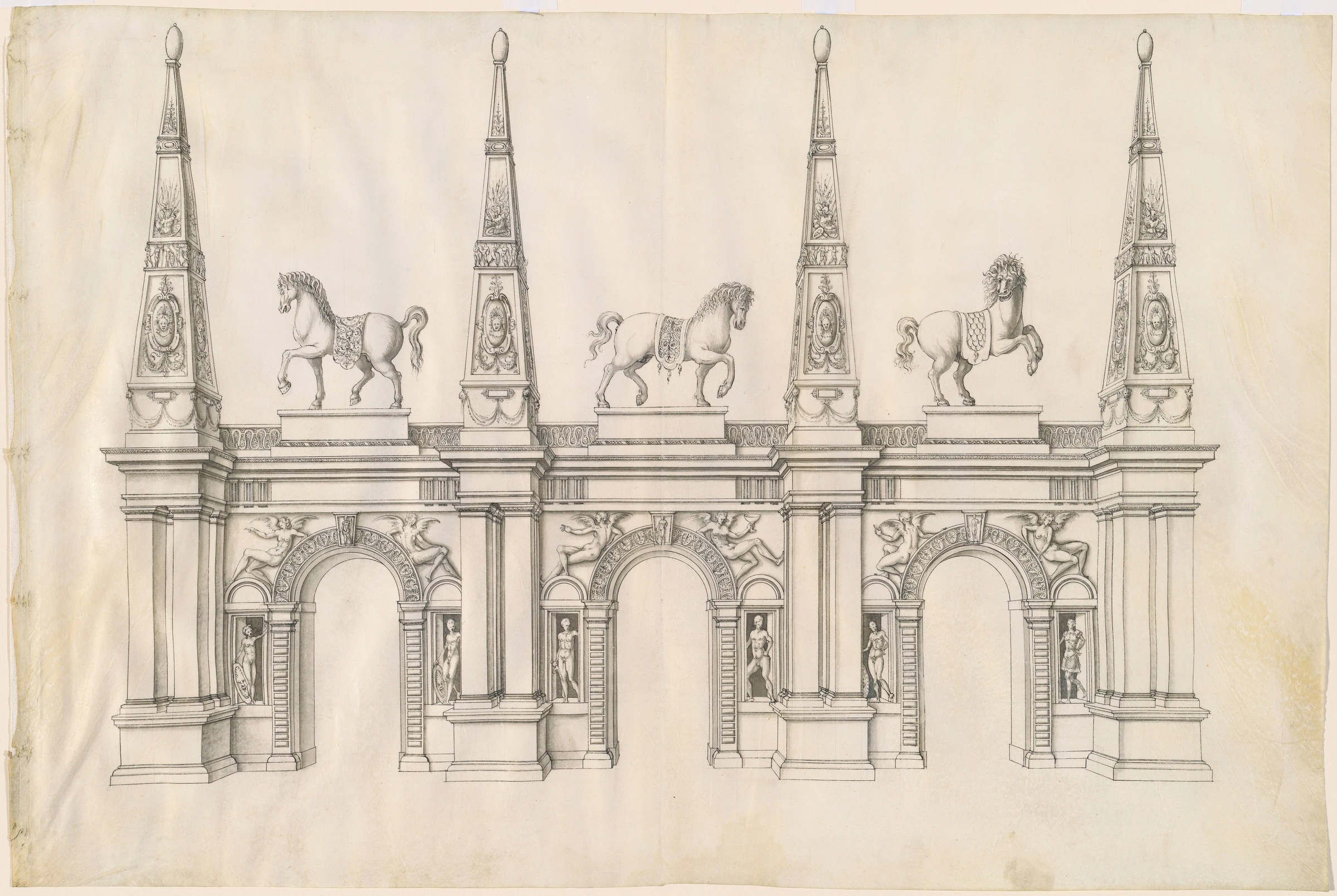 a triumphal arch with caparisoned horses and ornamented pinnacles 2006.107.1