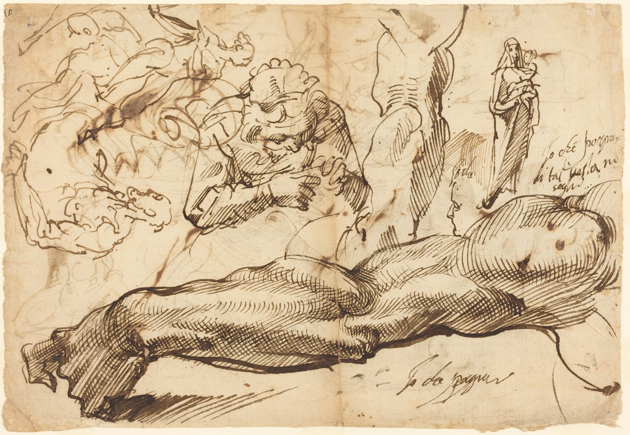 studies of a left arm, a young woman, a madonna and child, a face in profile, and nude figures 2000.124.1.a