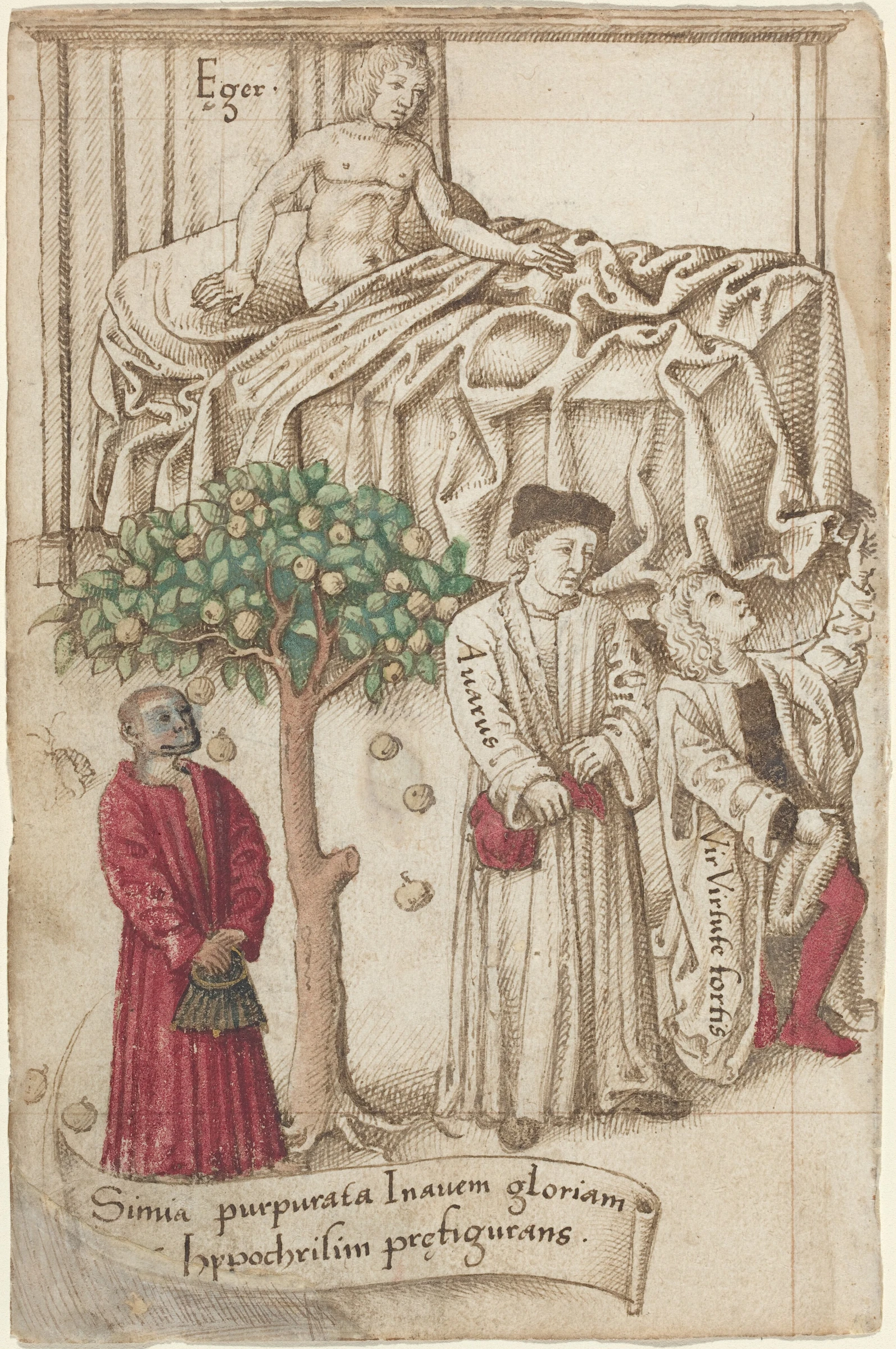 an ape in purple with a sick man, a good man, and a miser fol. 36 verso 2006.11.37