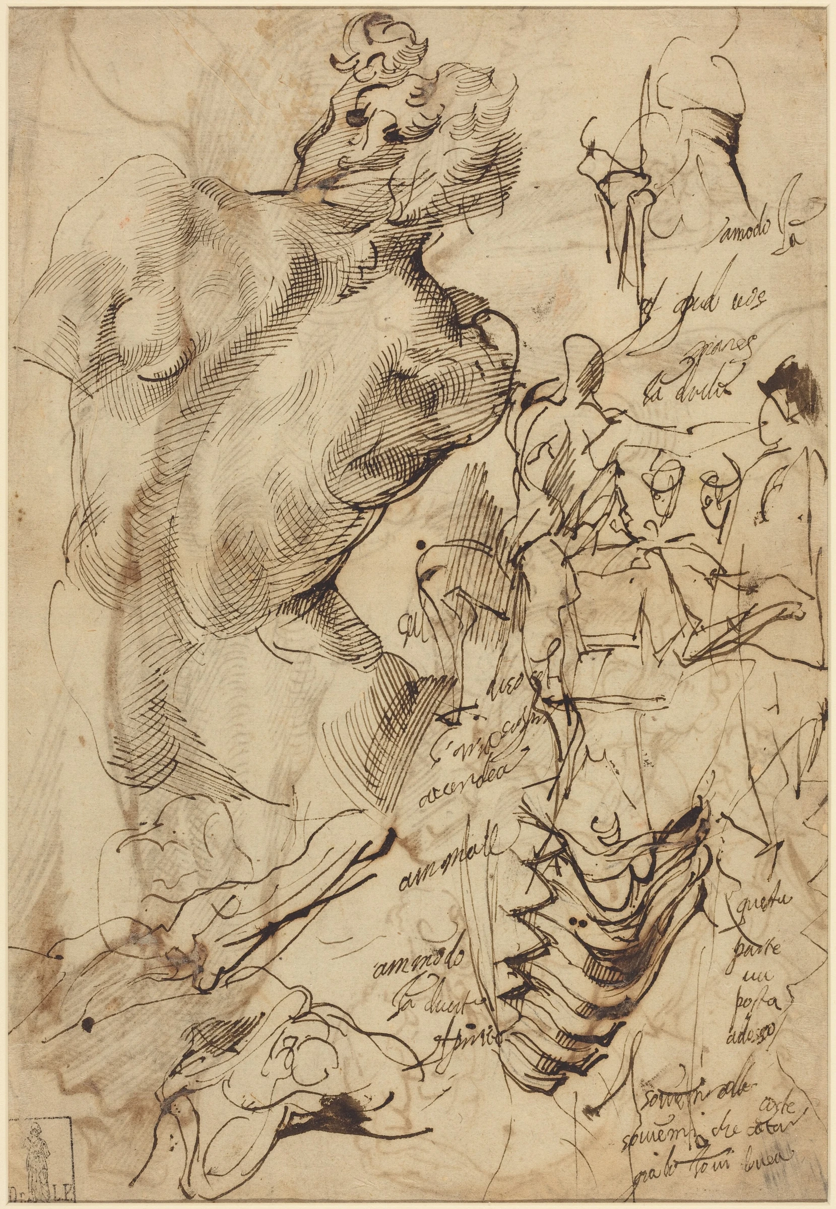 studies of a sculpture of a male nude, vertebrae, and gesturing figures 2000.124.1.b