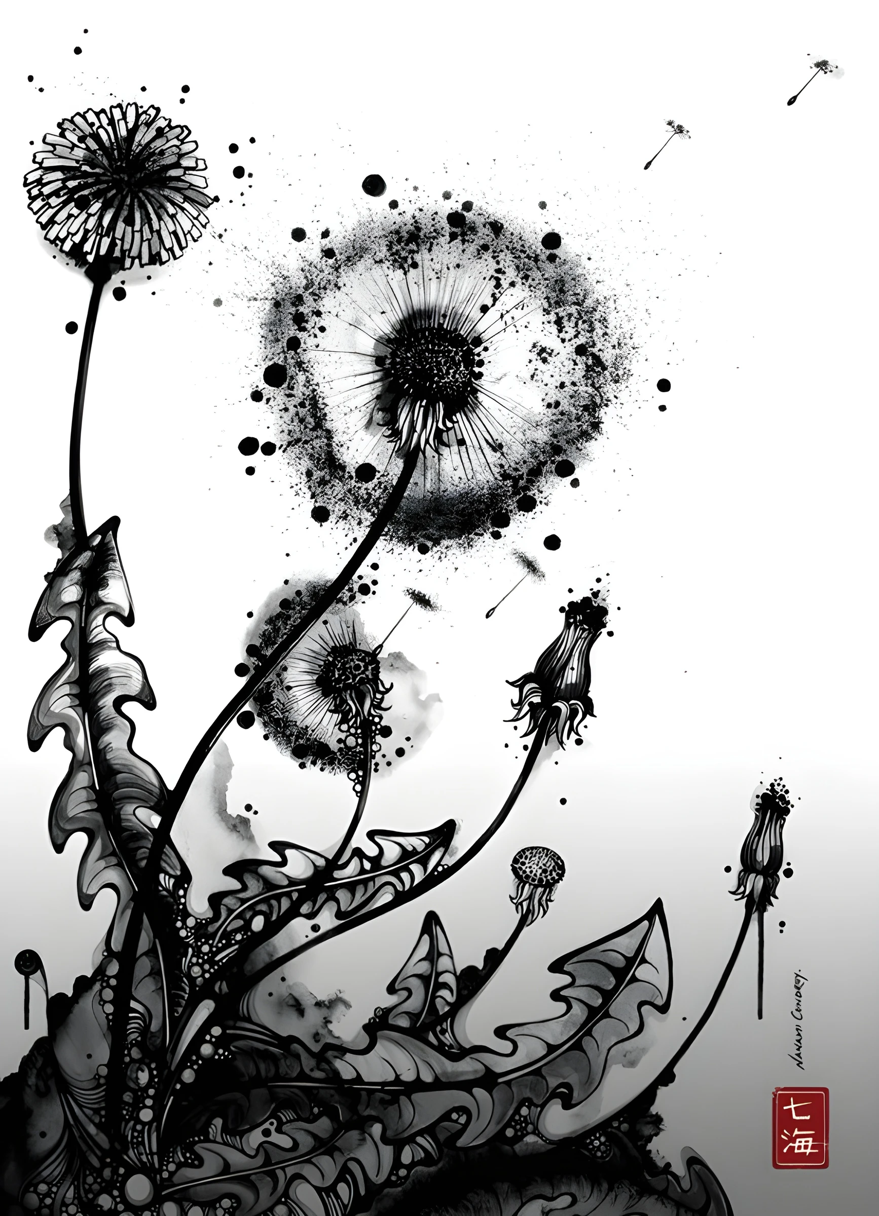 Dandelion-Like Ink Blossoms