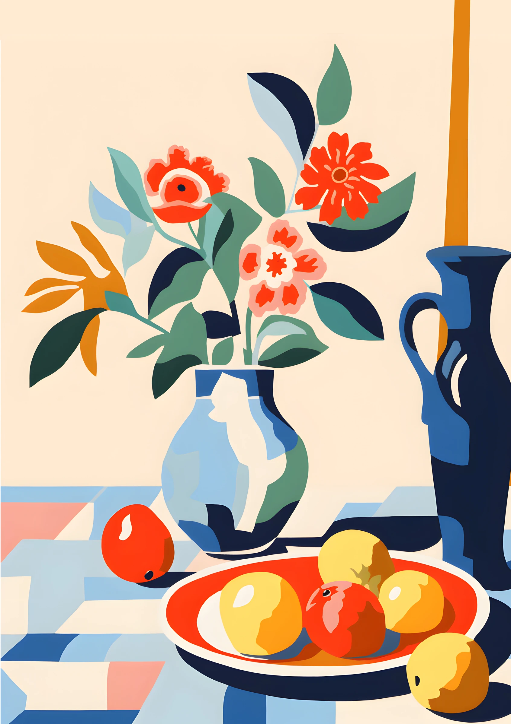 Flowers and Fruit on a Checkered Table