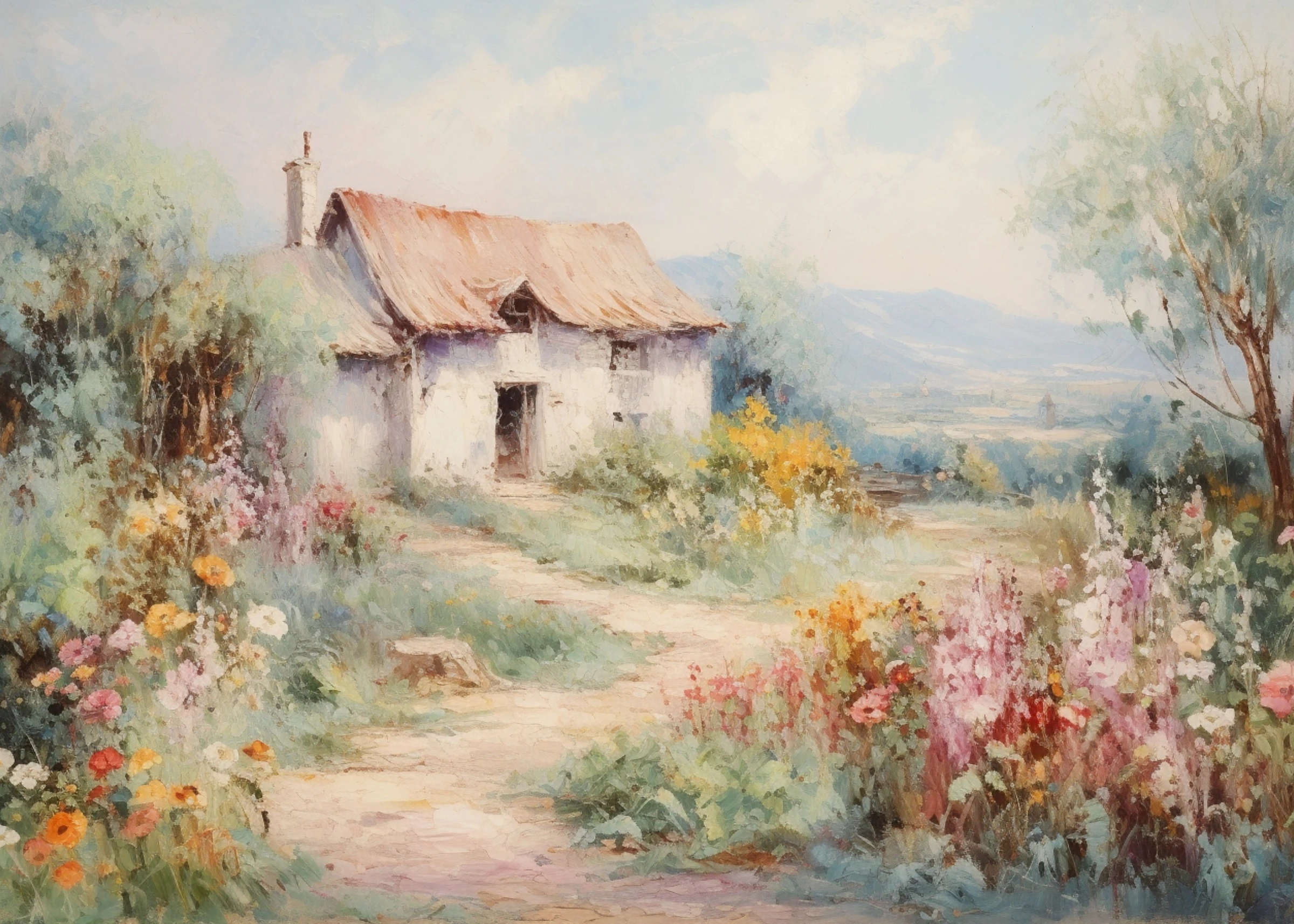 Cottage Along a Flower-Lined Path