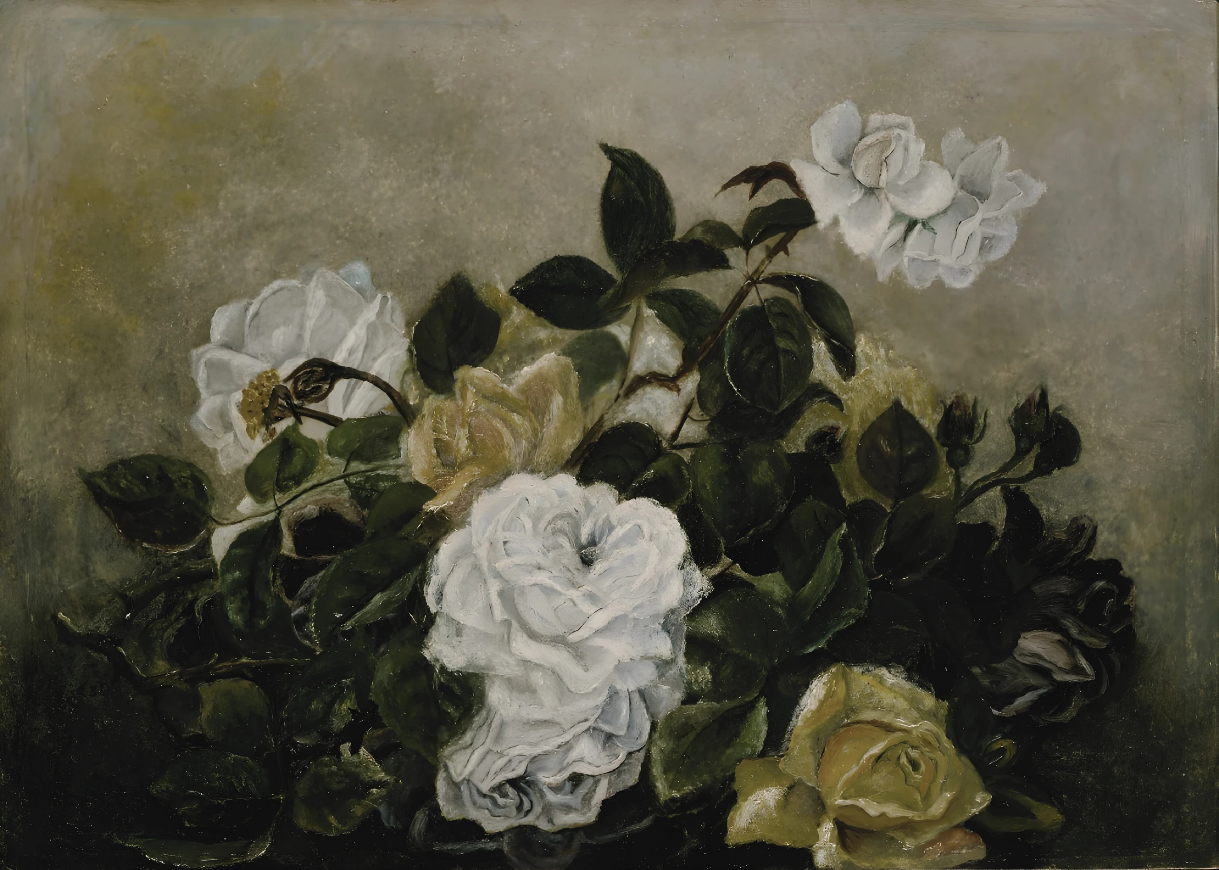 White and Yellow Roses on a Dark Ground