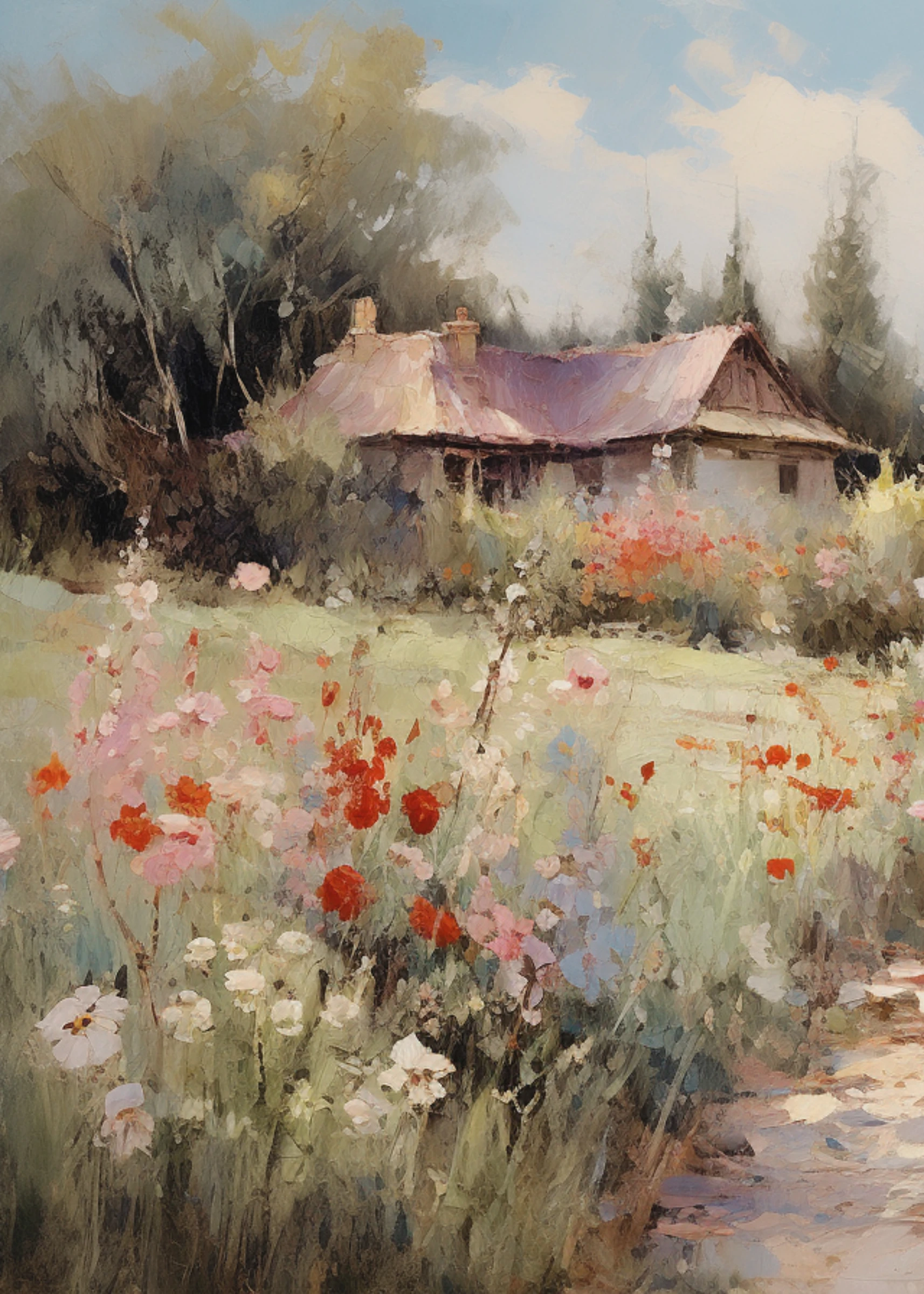 Poppies Before a Red-Roofed Cottage