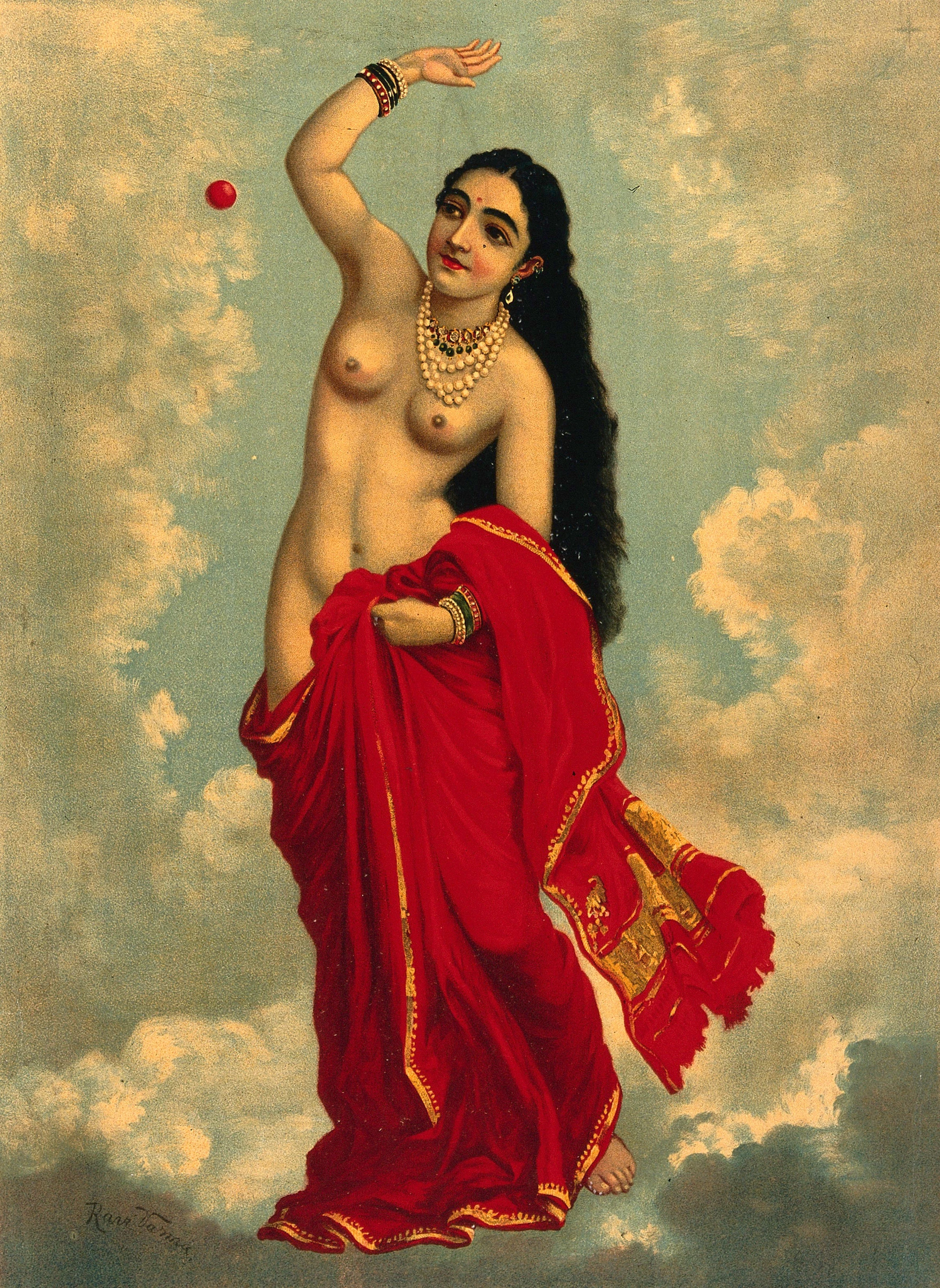 Half clothed Tilottama flying in the sky playing with a red Wellcome