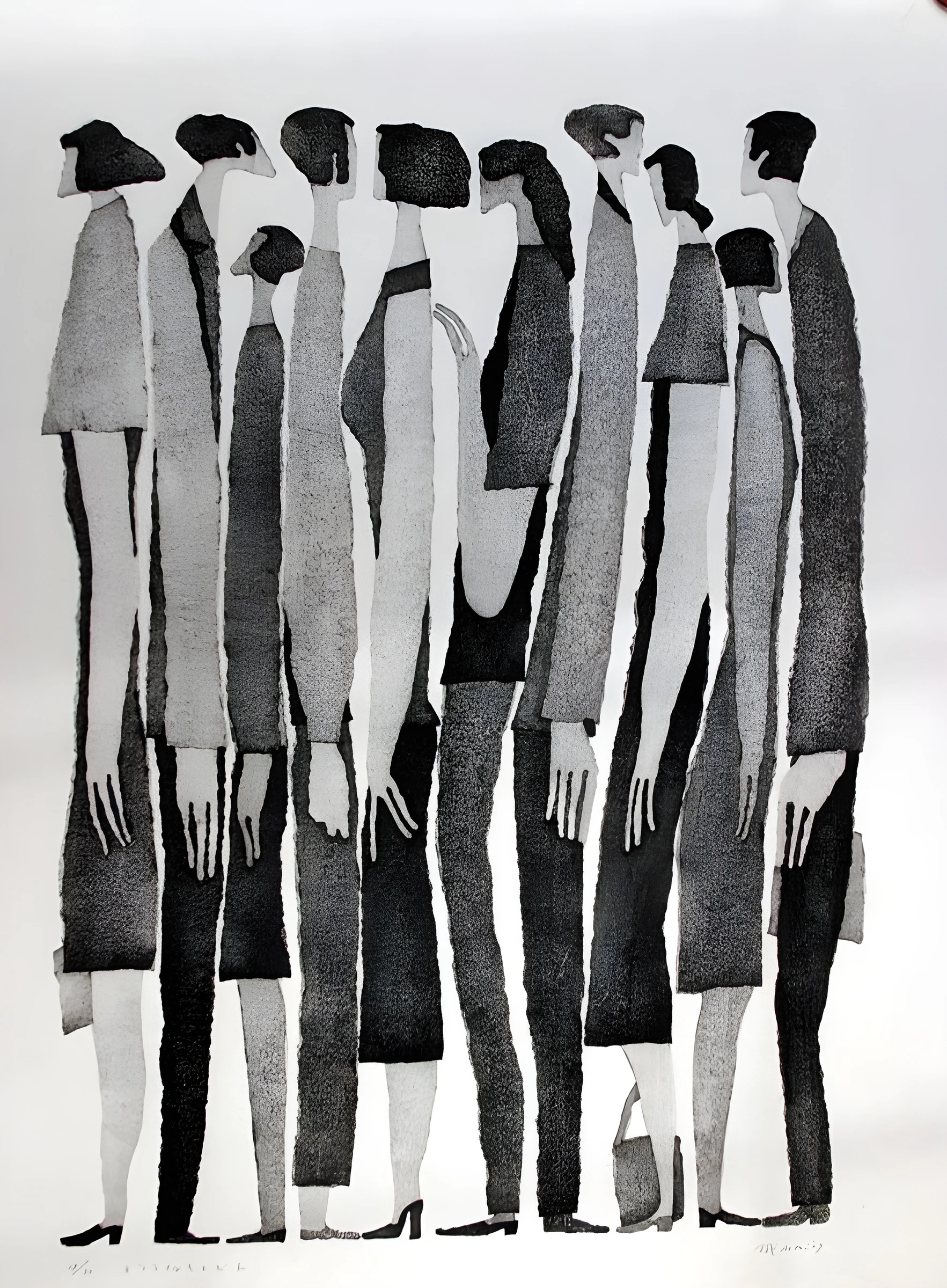 Row of Elongated Grey Figures