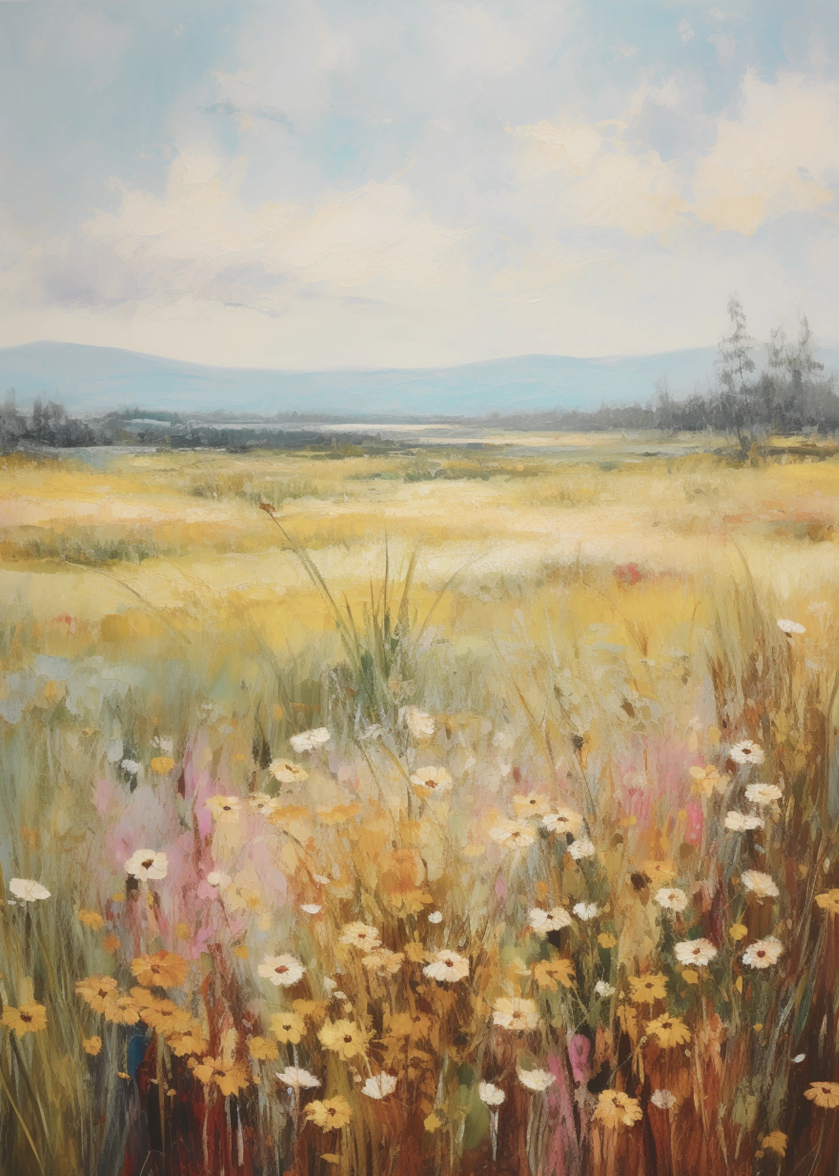 Golden Meadow with White Flowers