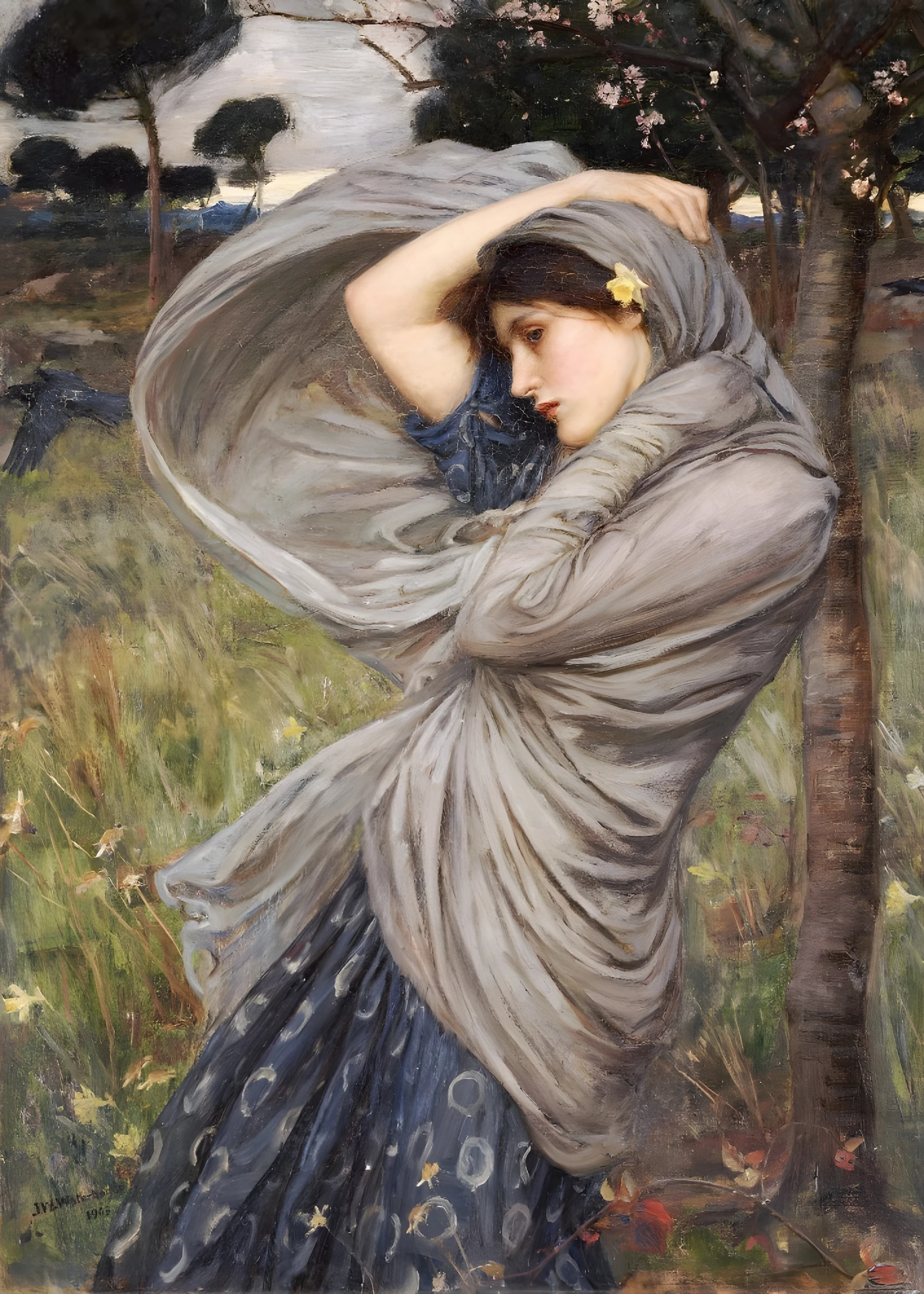 Draped Figure Beneath Leafy Branches