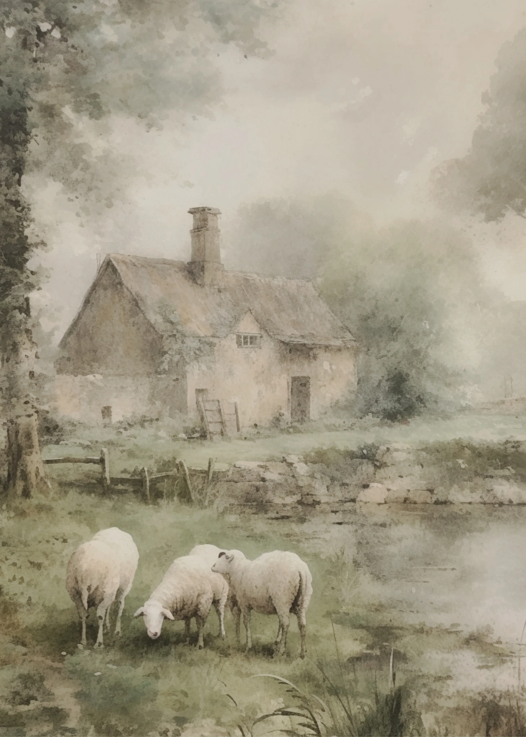 Sheep Beside a Misty Cottage