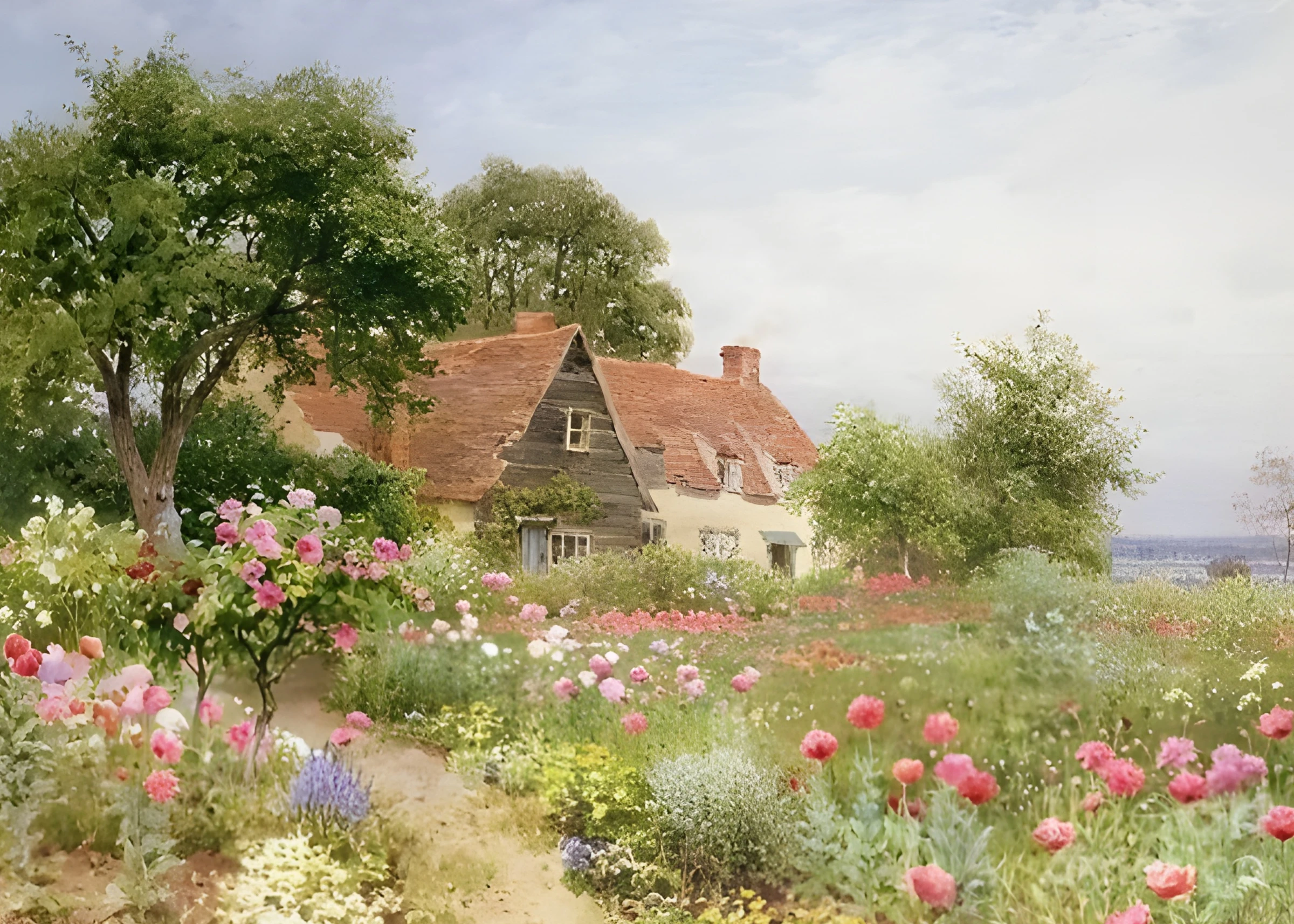 Cottage Beyond a Colorful Garden
