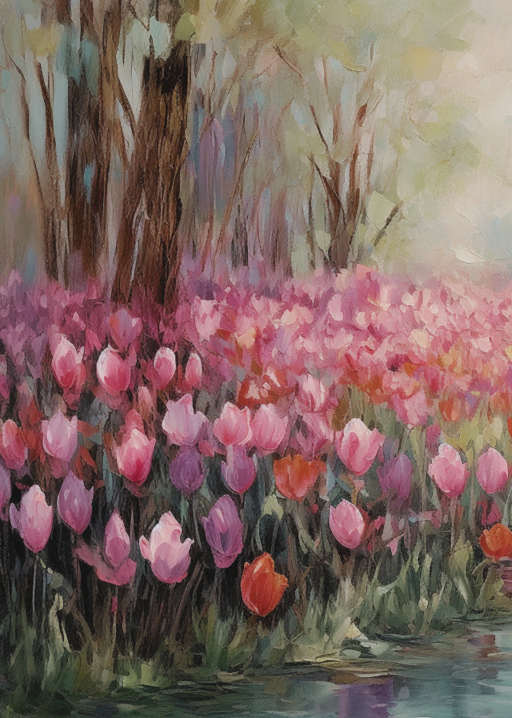 Pink Tulips Beside Woodland Water