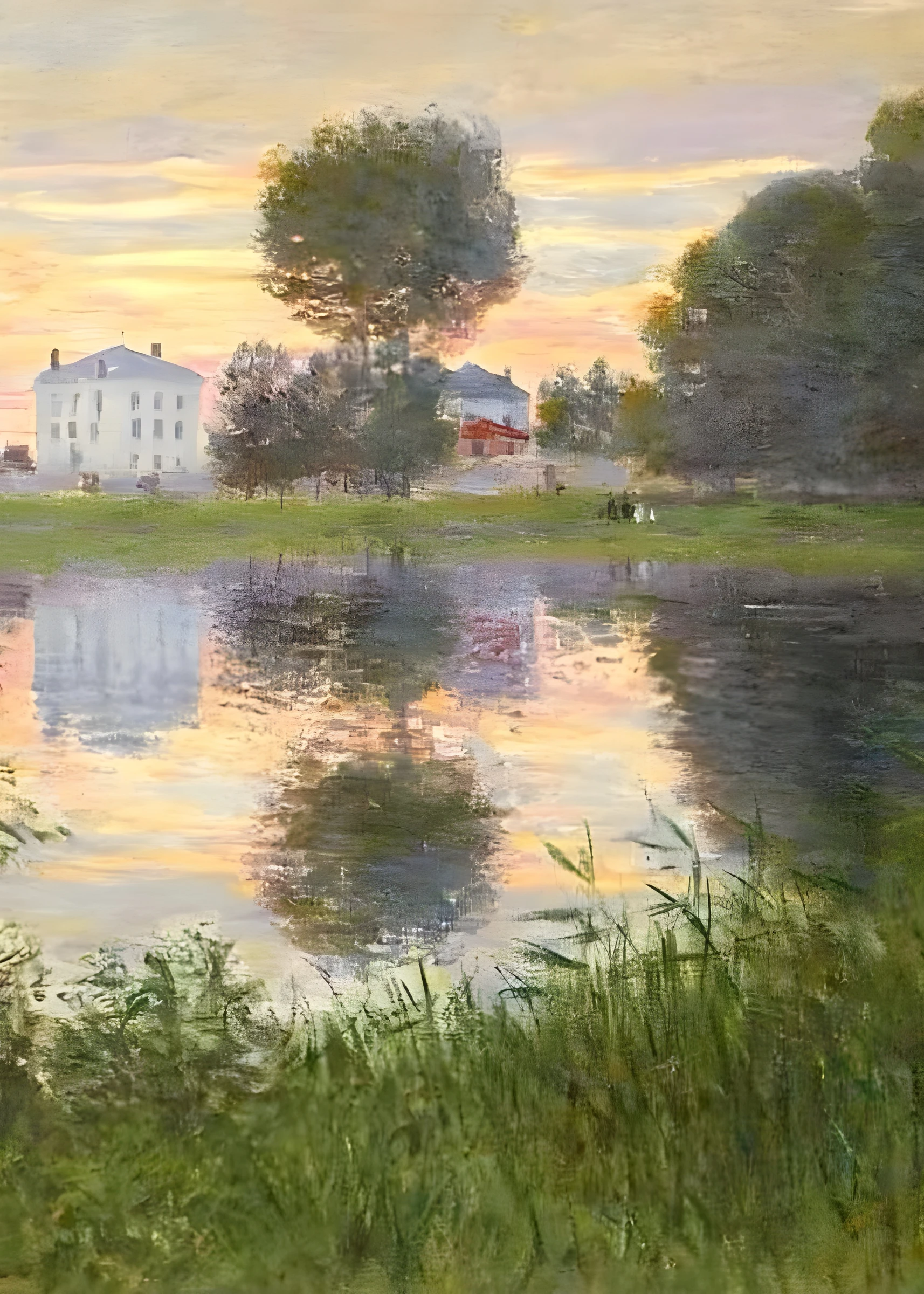 Evening Reflections Beside a Country House