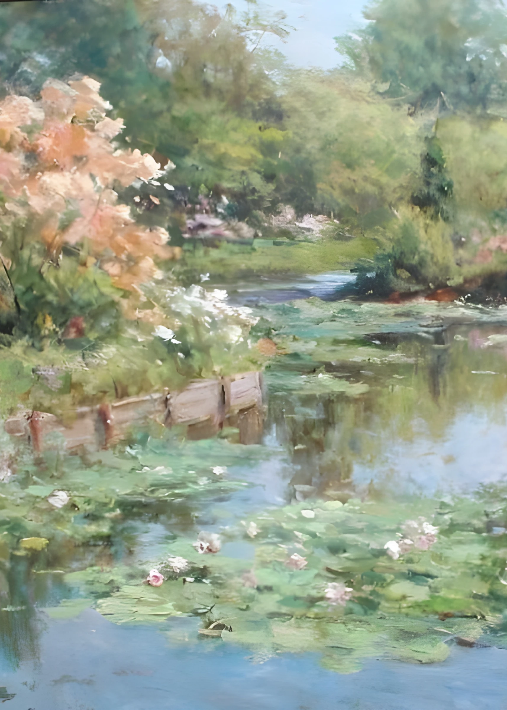 Blossoming Shrubs Beside a Lily Pond