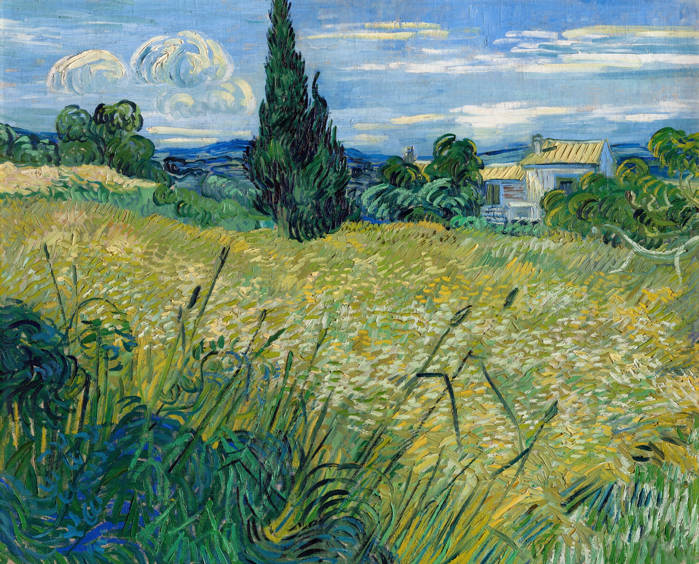 Vincent van Gogh's Green Wheat Field with Cypress (1889) famous landscape painting