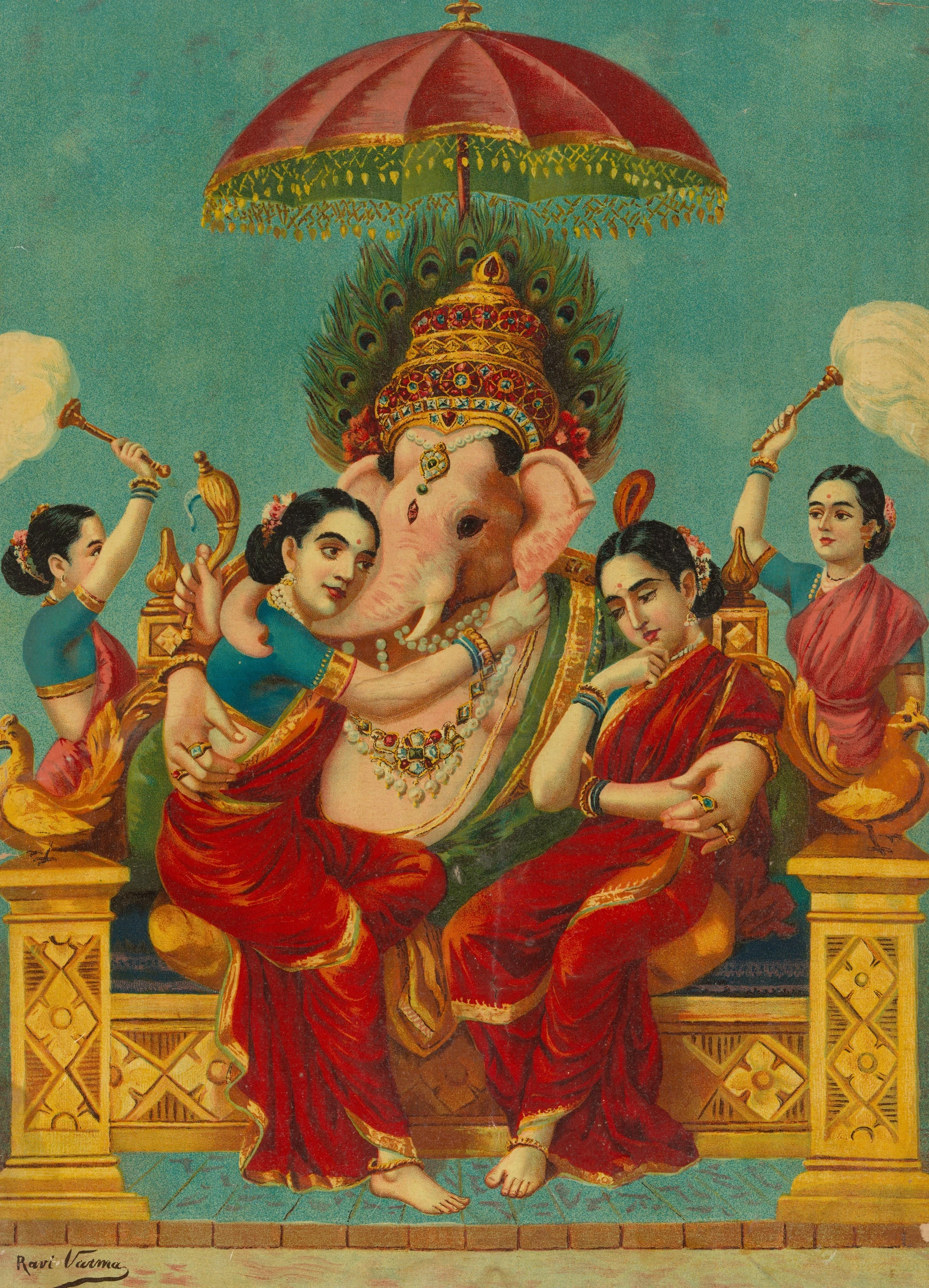 Ganapati with his consorts Riddhi and Siddhi, India