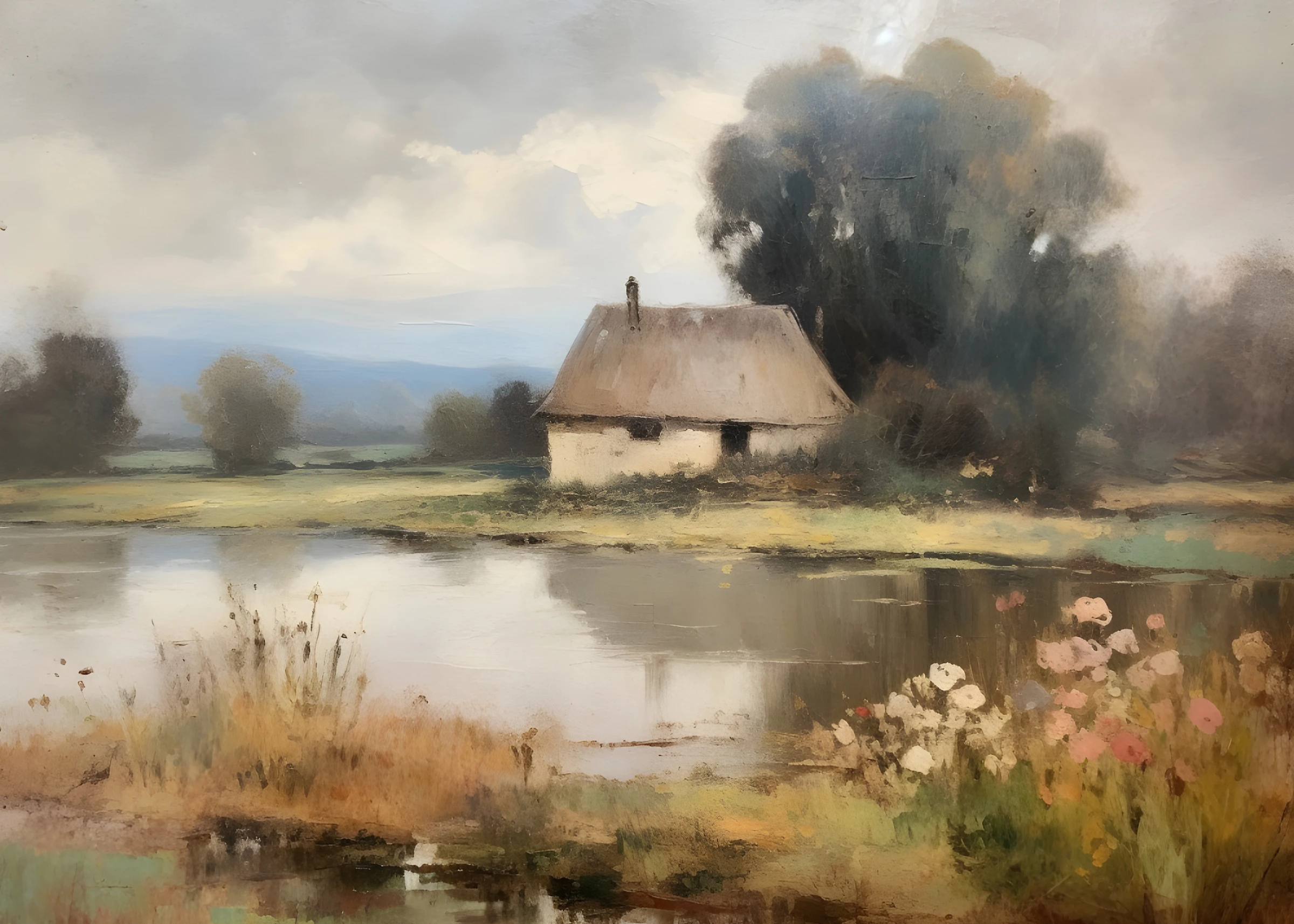 Thatched Cottage Beside a Pond