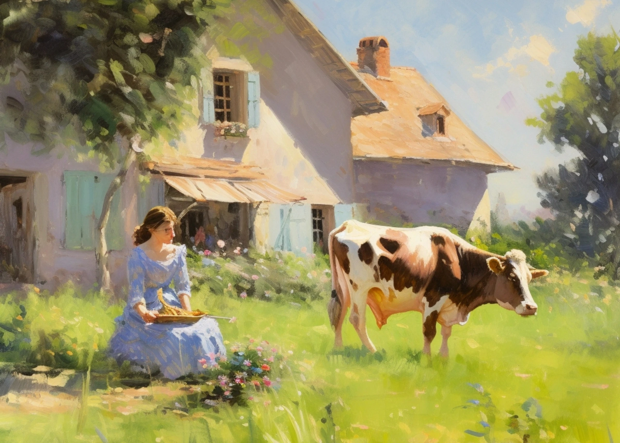 Woman and Cow Beside a Cottage