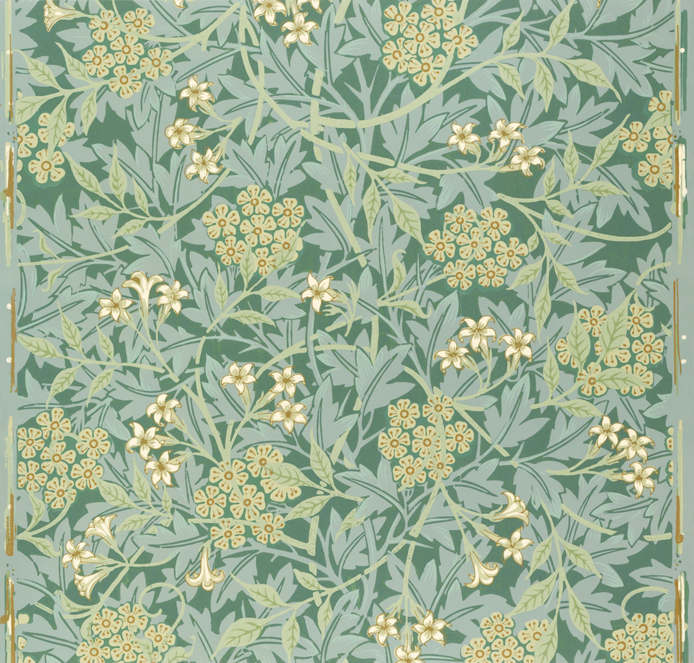 Pale Yellow Botanical Pattern on Blue-Green