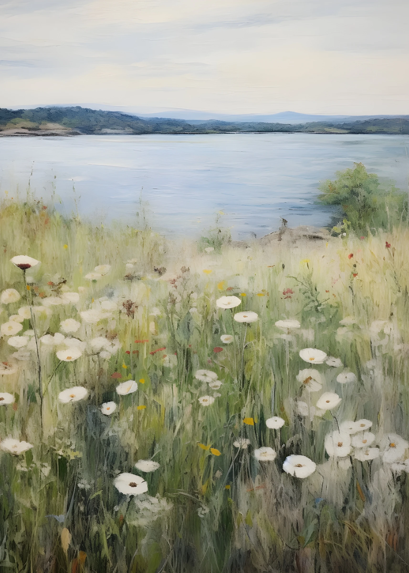 White Flowers Beside a Blue Lake