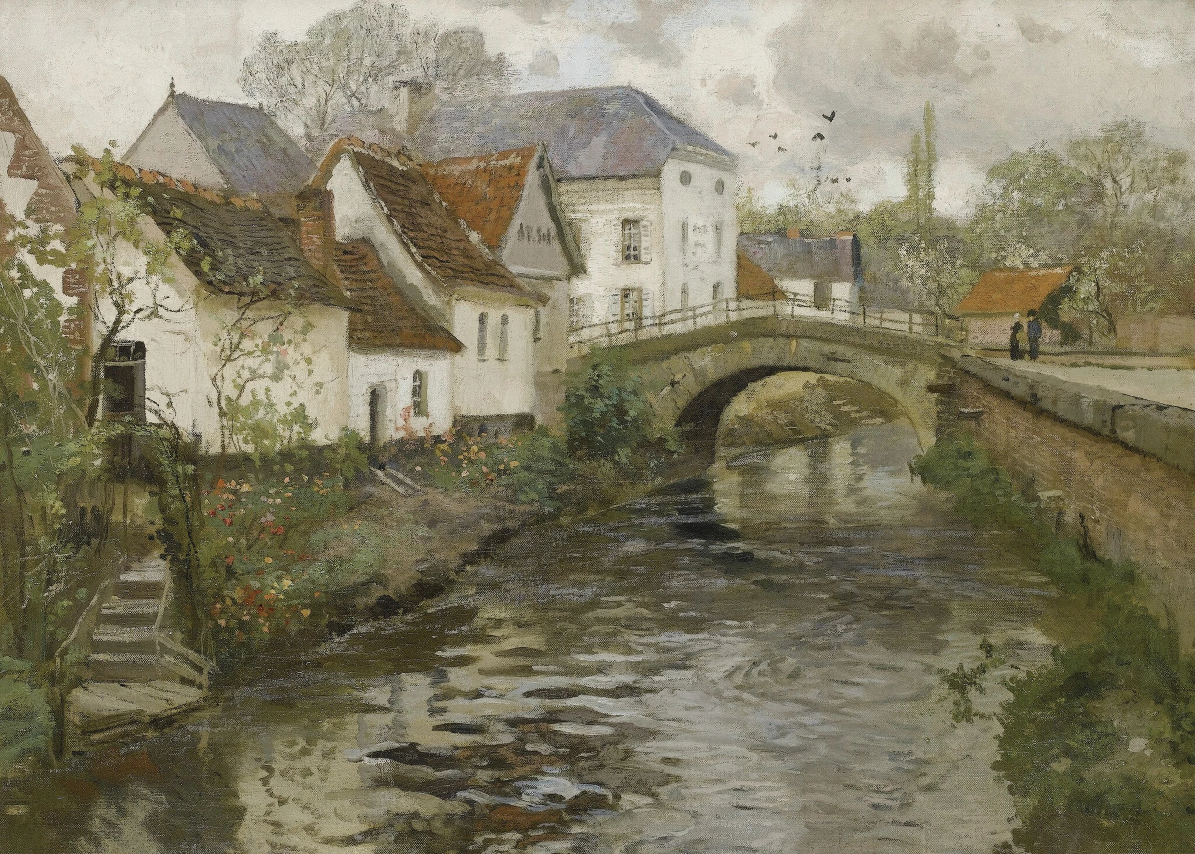Stone Bridge in a Riverside Village