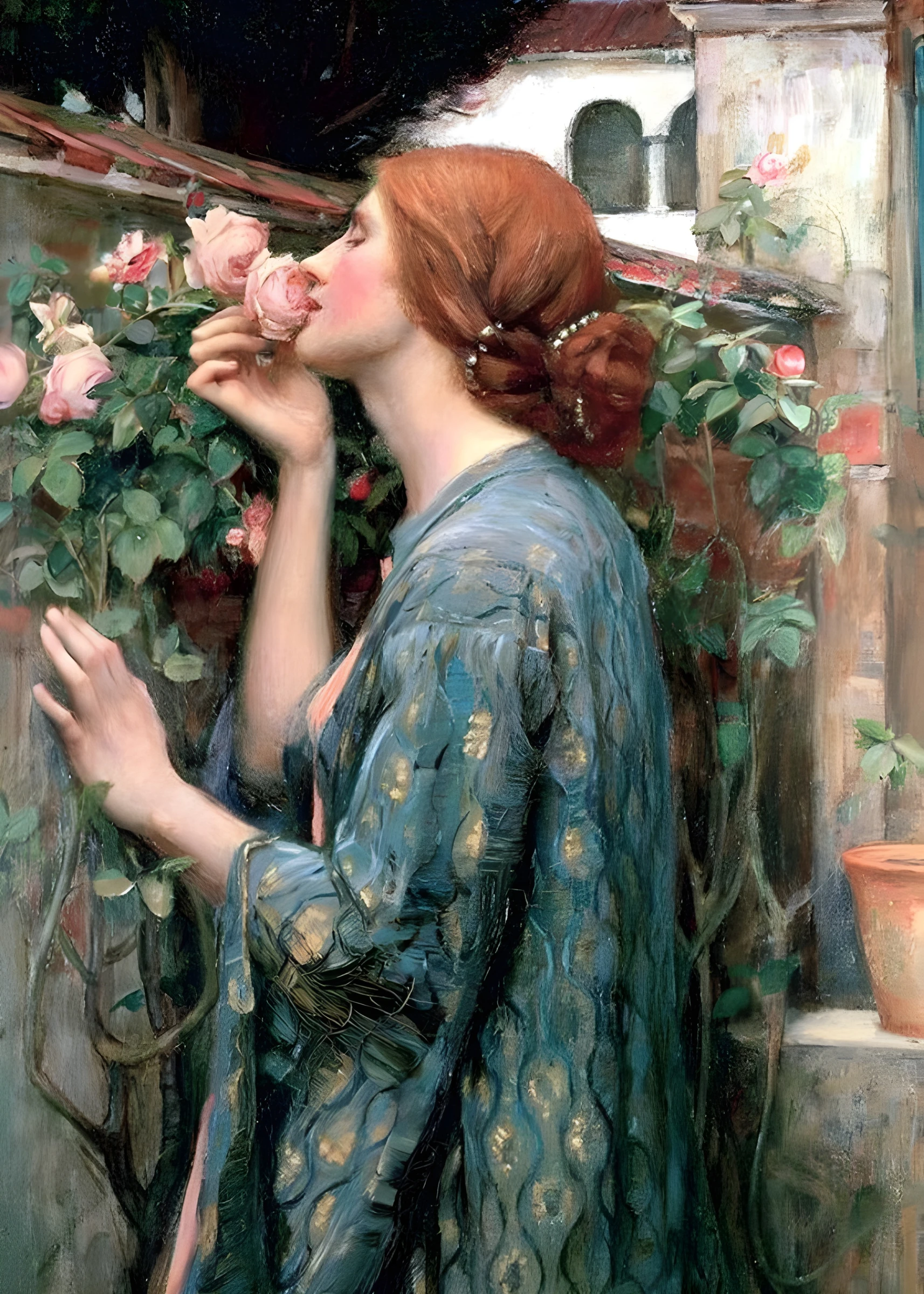 Woman Smelling a Pink Rose