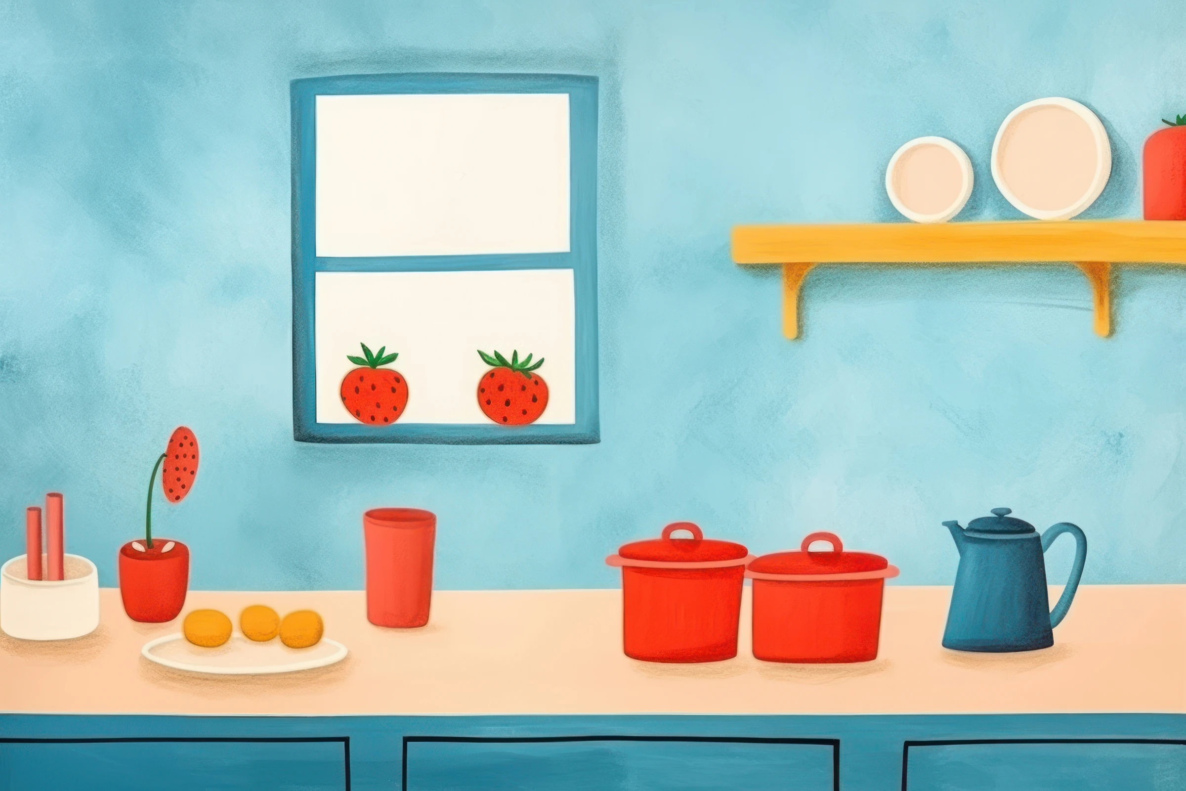Blue Kitchen with Red Cookware