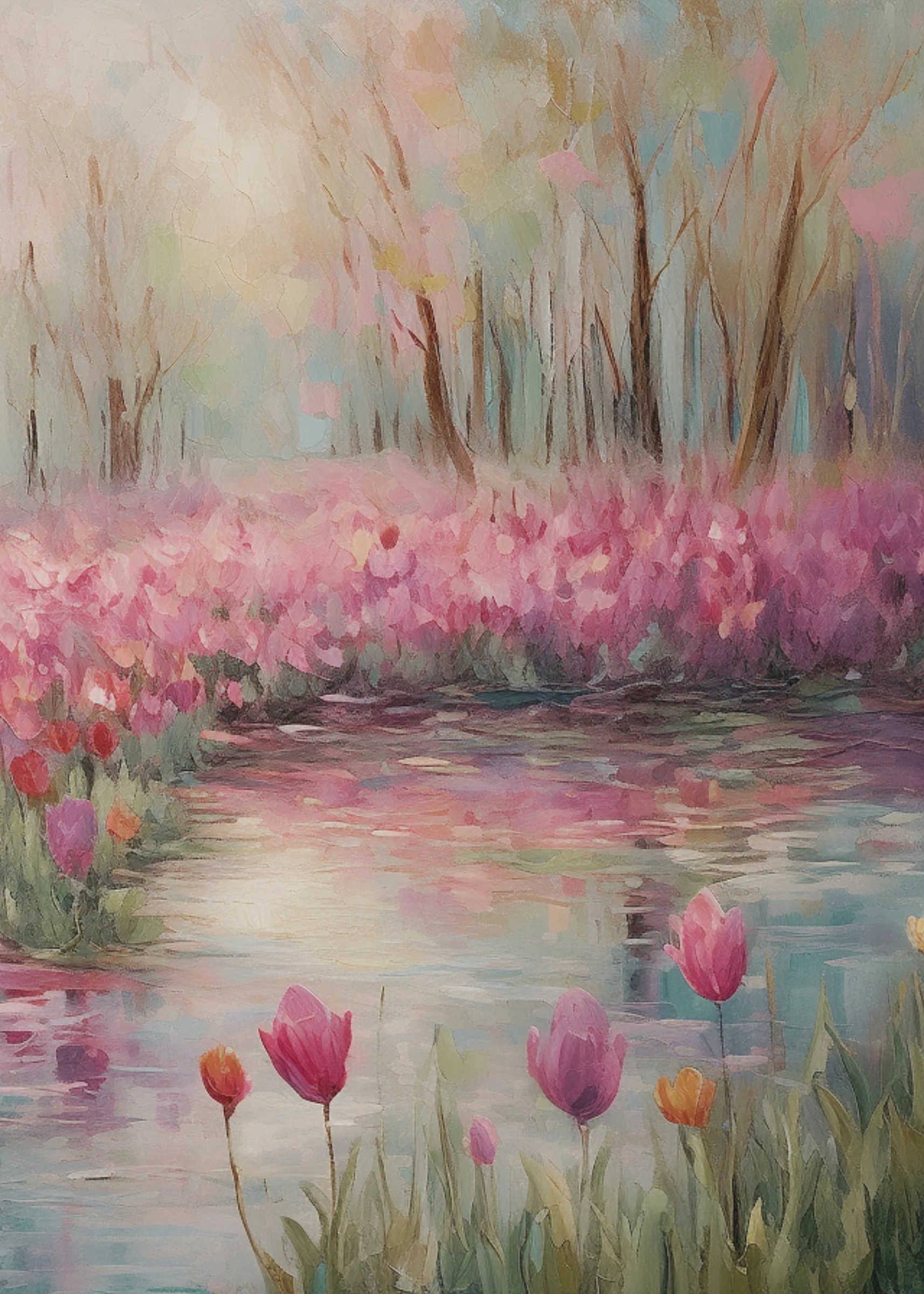 Pink Tulips Around a Garden Pond