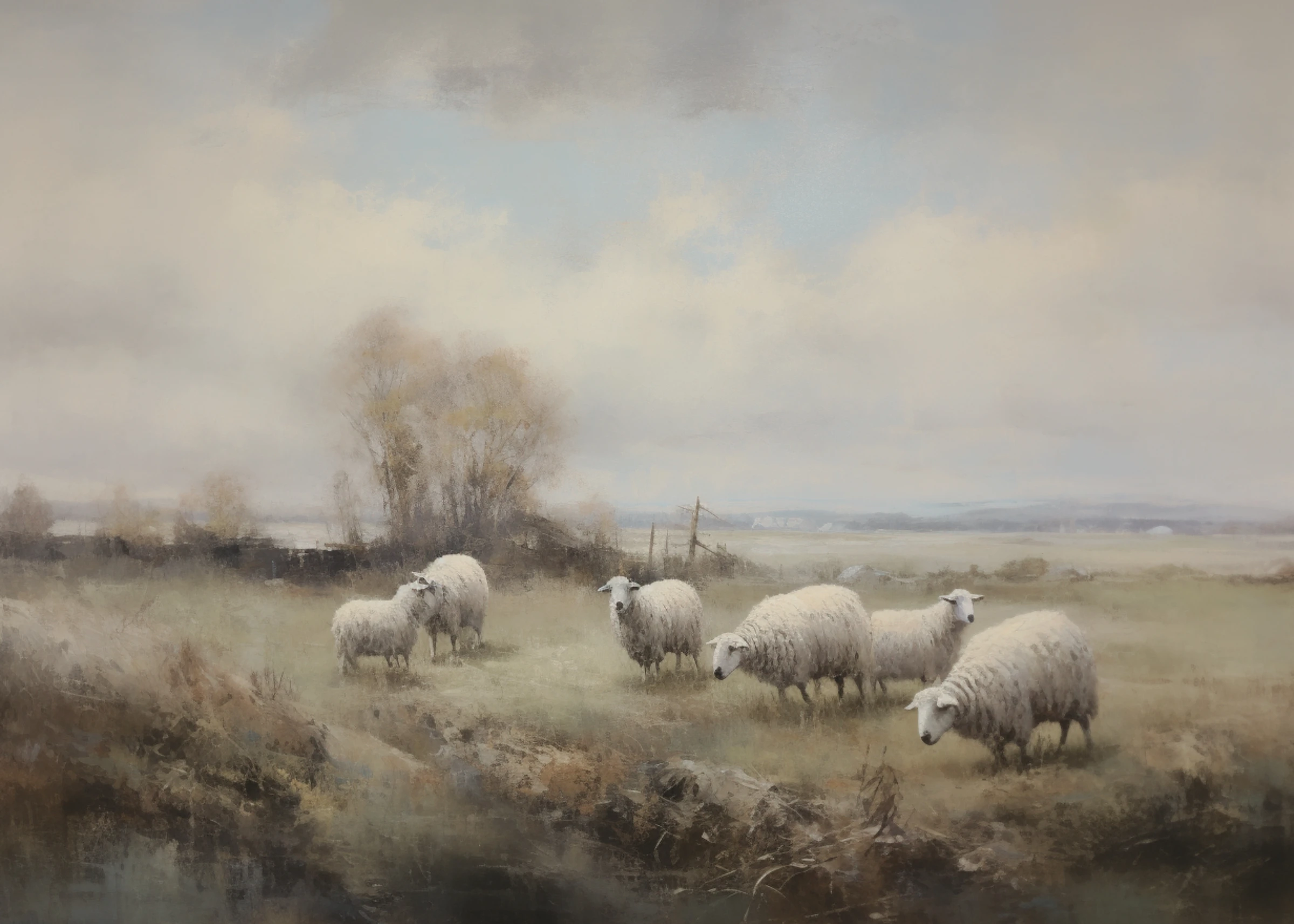 Sheep Grazing Under Grey Clouds