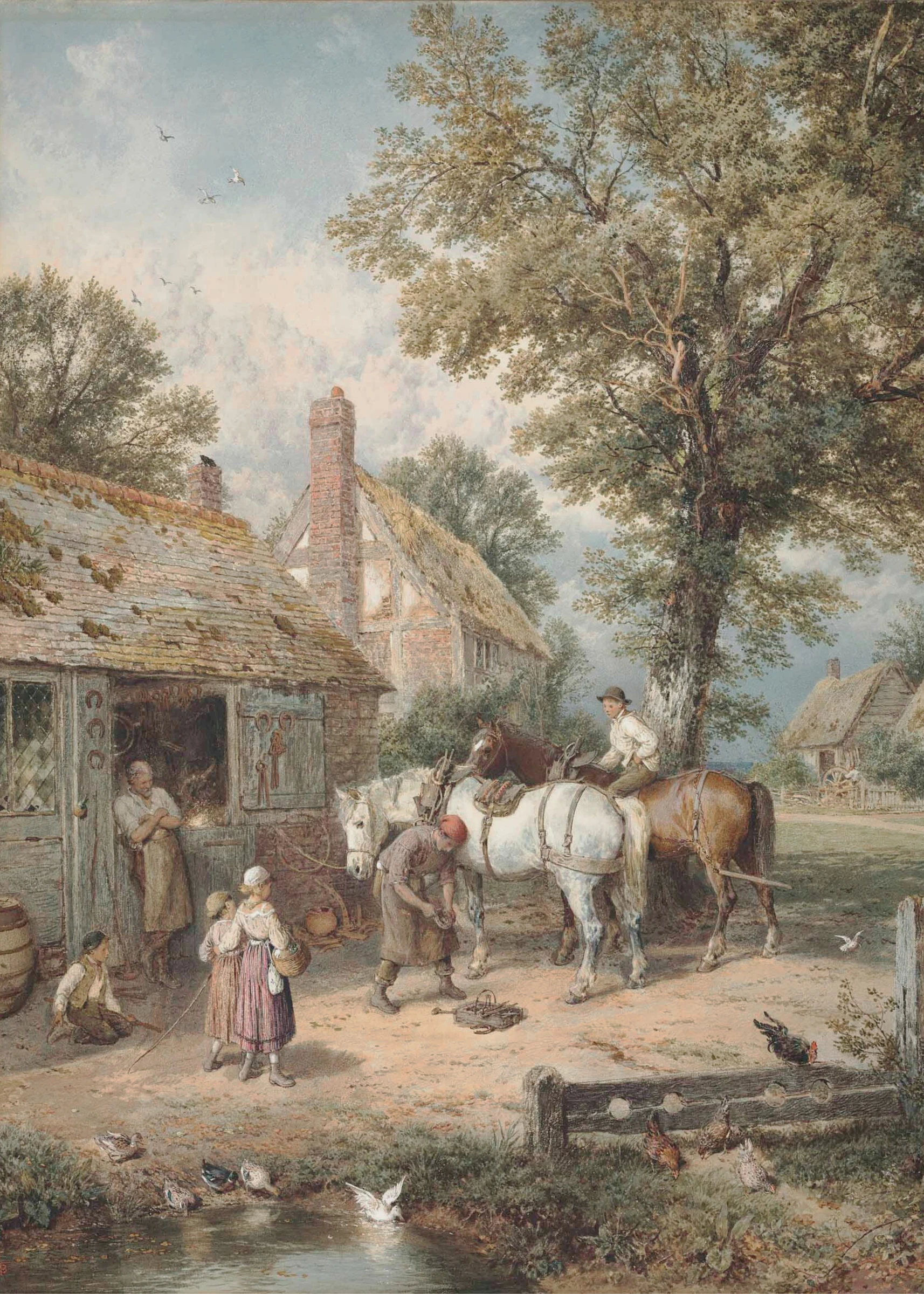 Horses Outside a Country Cottage