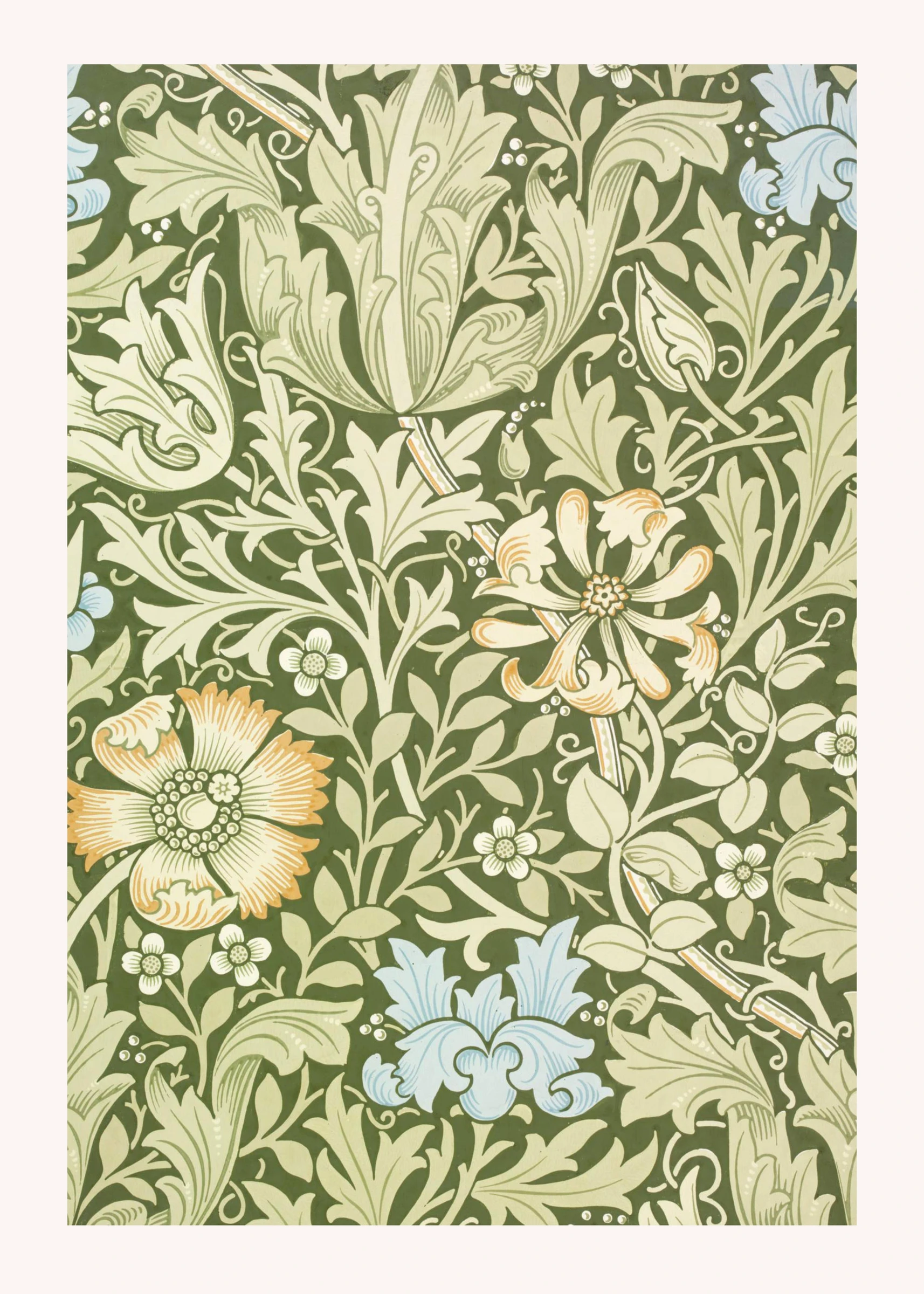 Cream Floral Pattern on Olive Green
