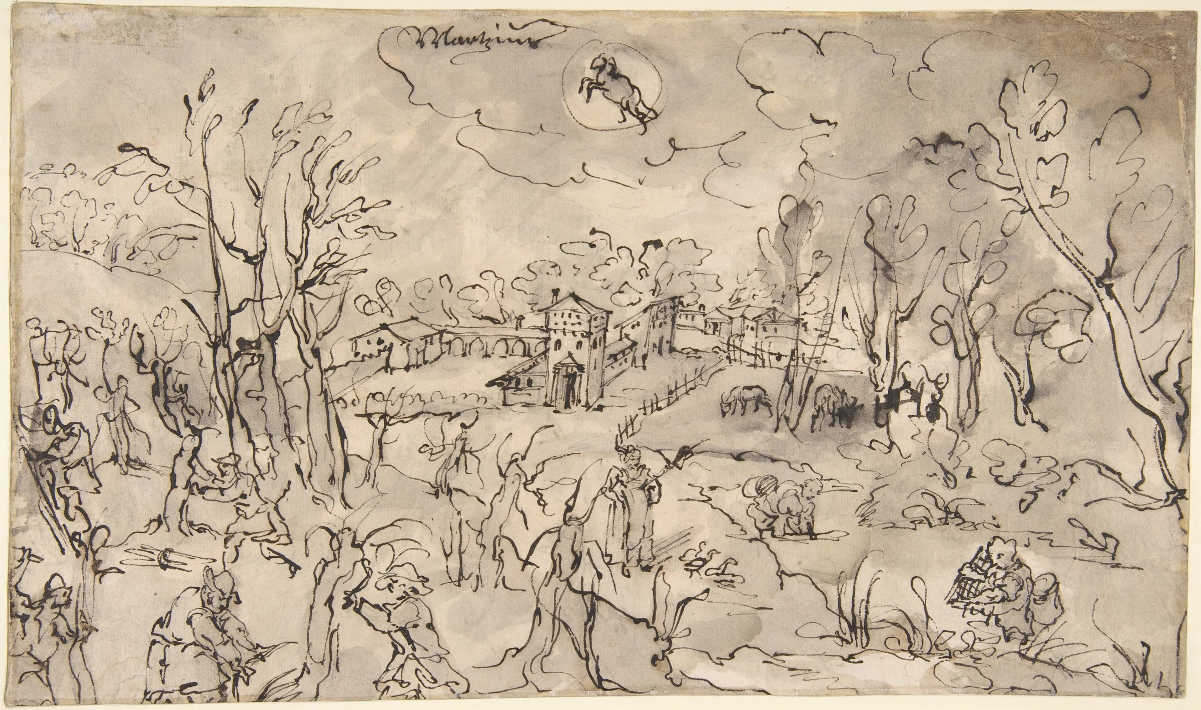 Landscape with Figures Trimming Trees, an Allegory of the Month of March; Verso: Mountainous Landscape with Two Men Crossing a Bridge by Anonymous