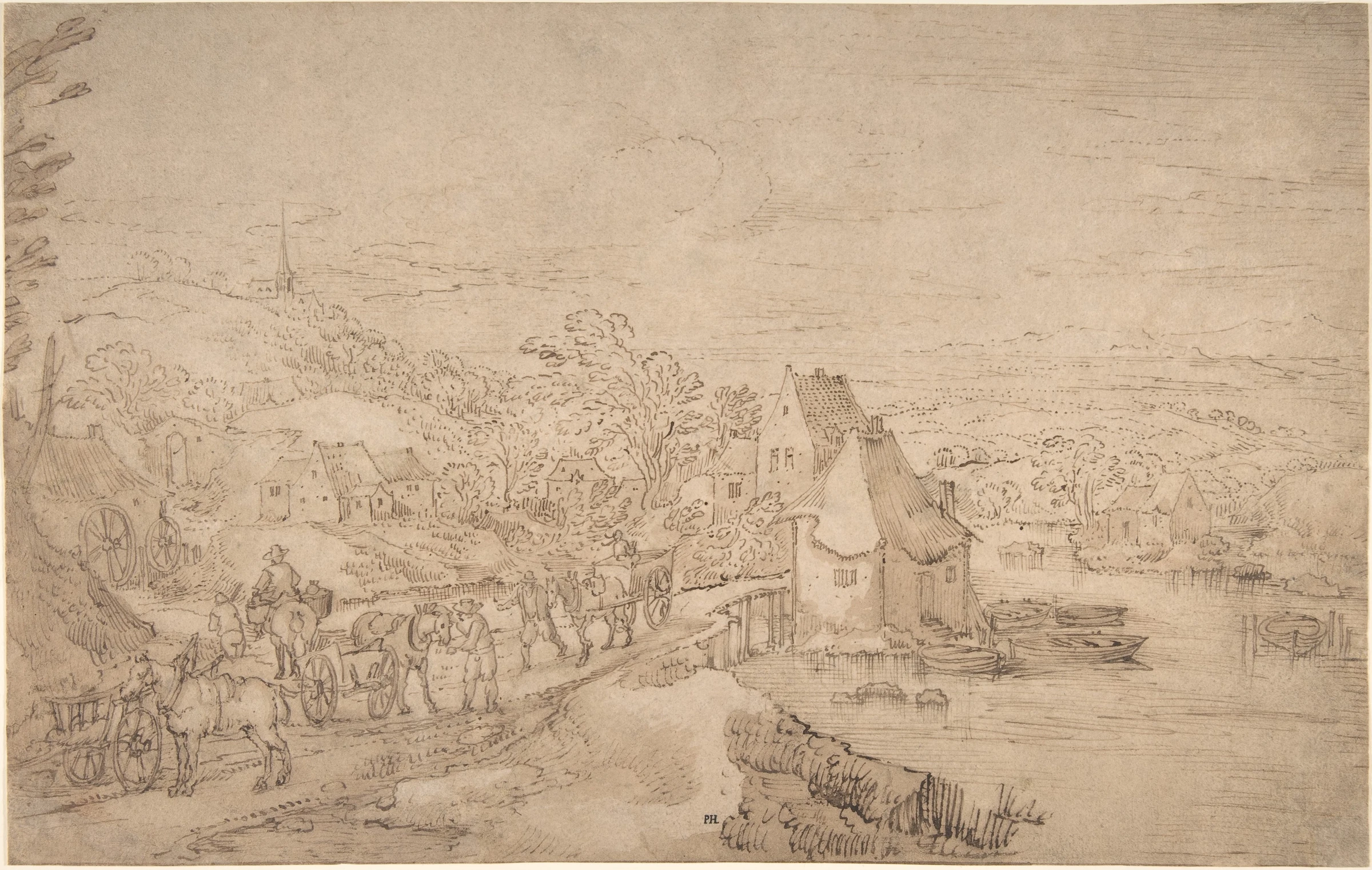 River Landscape with Wagons on a Road near a Village by Joos de Momper the Younger