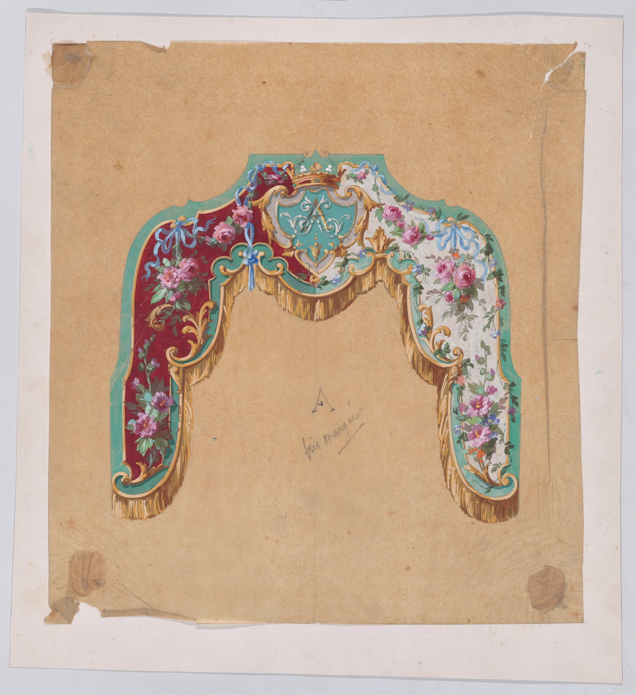 Design for a Valance with Bundles and Garlands of Flowers and a Monogram Presenting Two Design Variants by Anonymous, French, 19th century