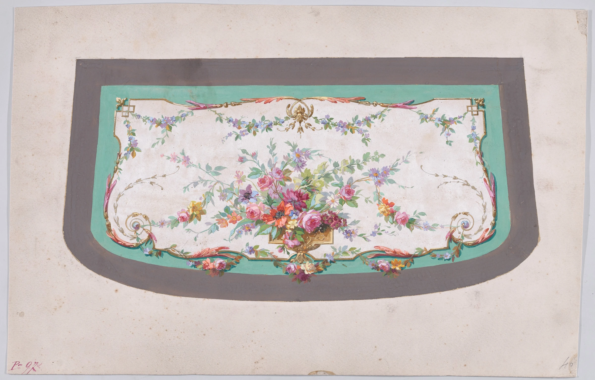 Design for a Sofa Seat Cover (?) with an Ornamental Frame Containing a Vase with a Large Bundle of Flowers and Leaves and Decorated with Acanthus Leaves and Two Fleurs de Lys by Anonymous, French, 19th century