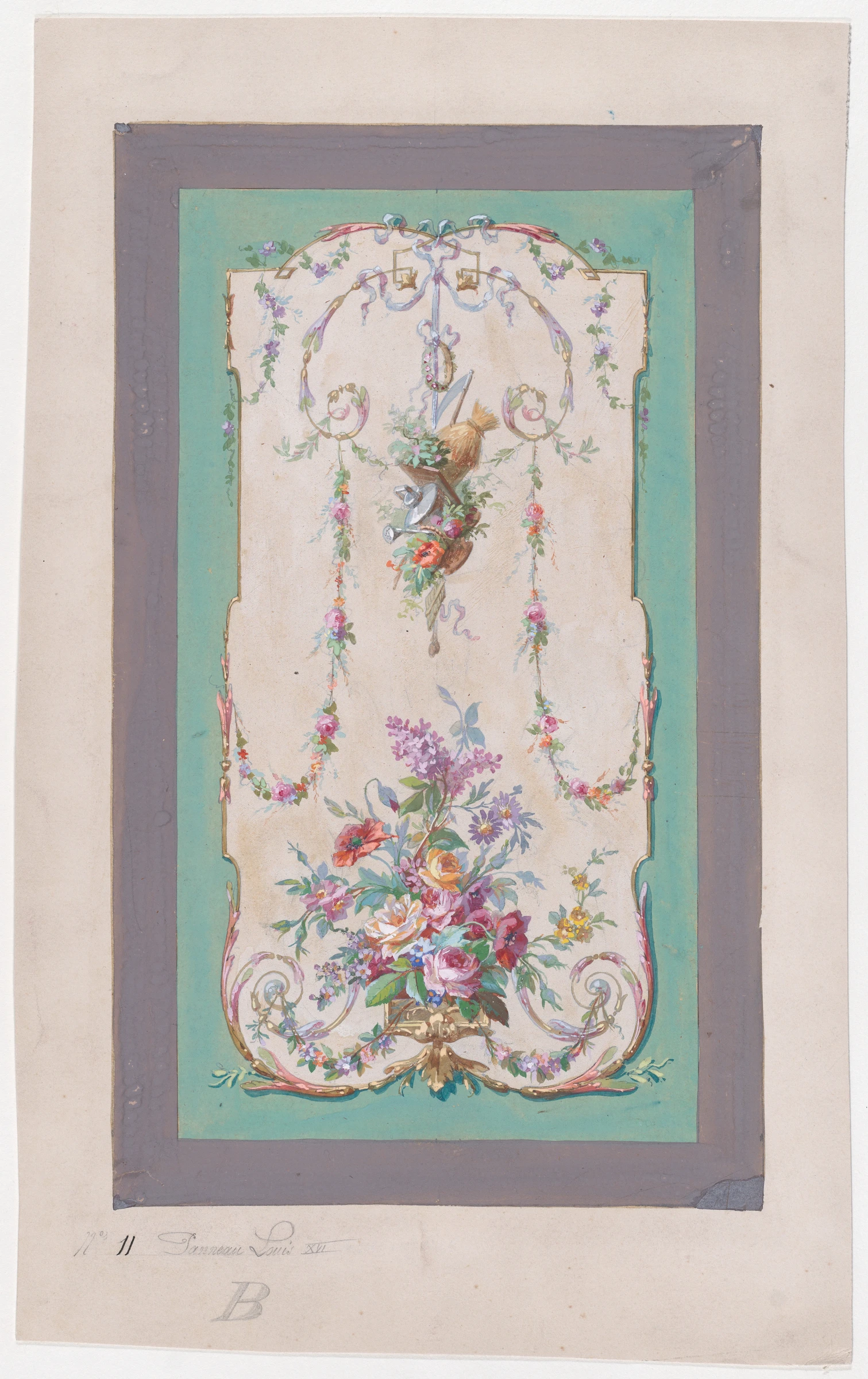 Design for a Panel with a Large Bundle of Flowers and Leaves and a Hanging Thin Bundle Containing Gardening Tools Inside an Ornamental Frame Decorated with Thin Garlands of Flowers and Leaves by Anonymous, French, 19th century