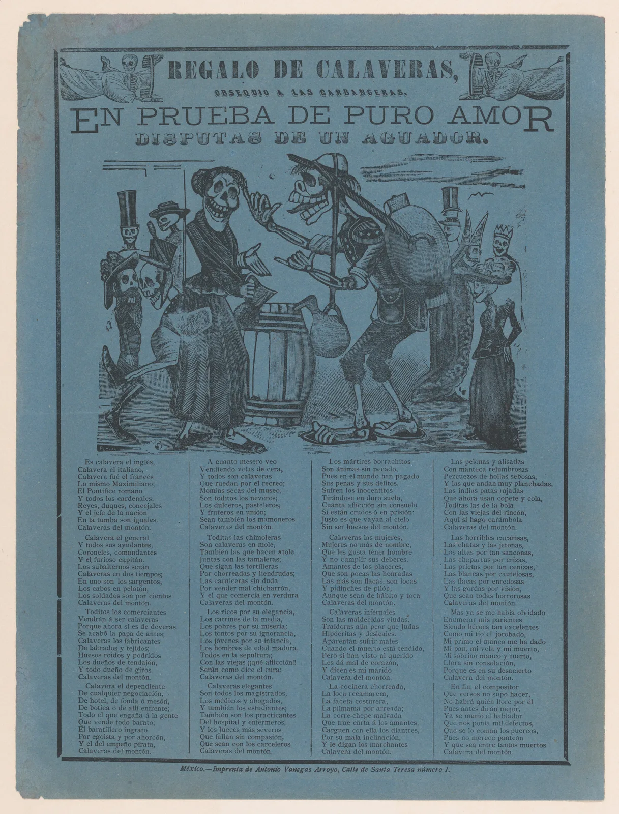 In proof of true love, a watercarrier skeleton arguing with a woman (Posada); two skeleton angels in upper corners (Manilla) by José Guadalupe Posada