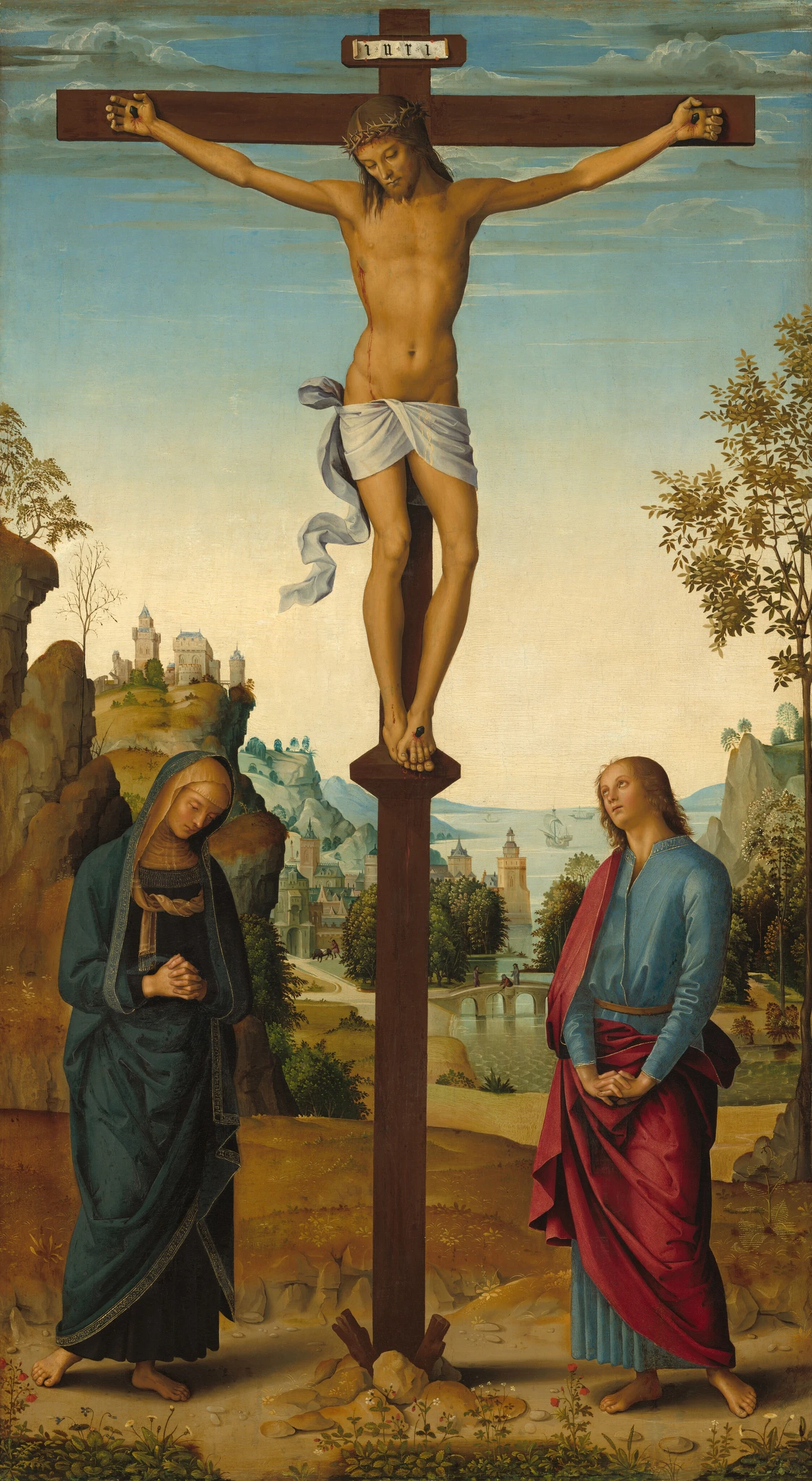The Crucifixion with the Virgin, Saint John, Saint Jerome, and Saint Mary Magdalene [middle panel] by Pietro Perugino