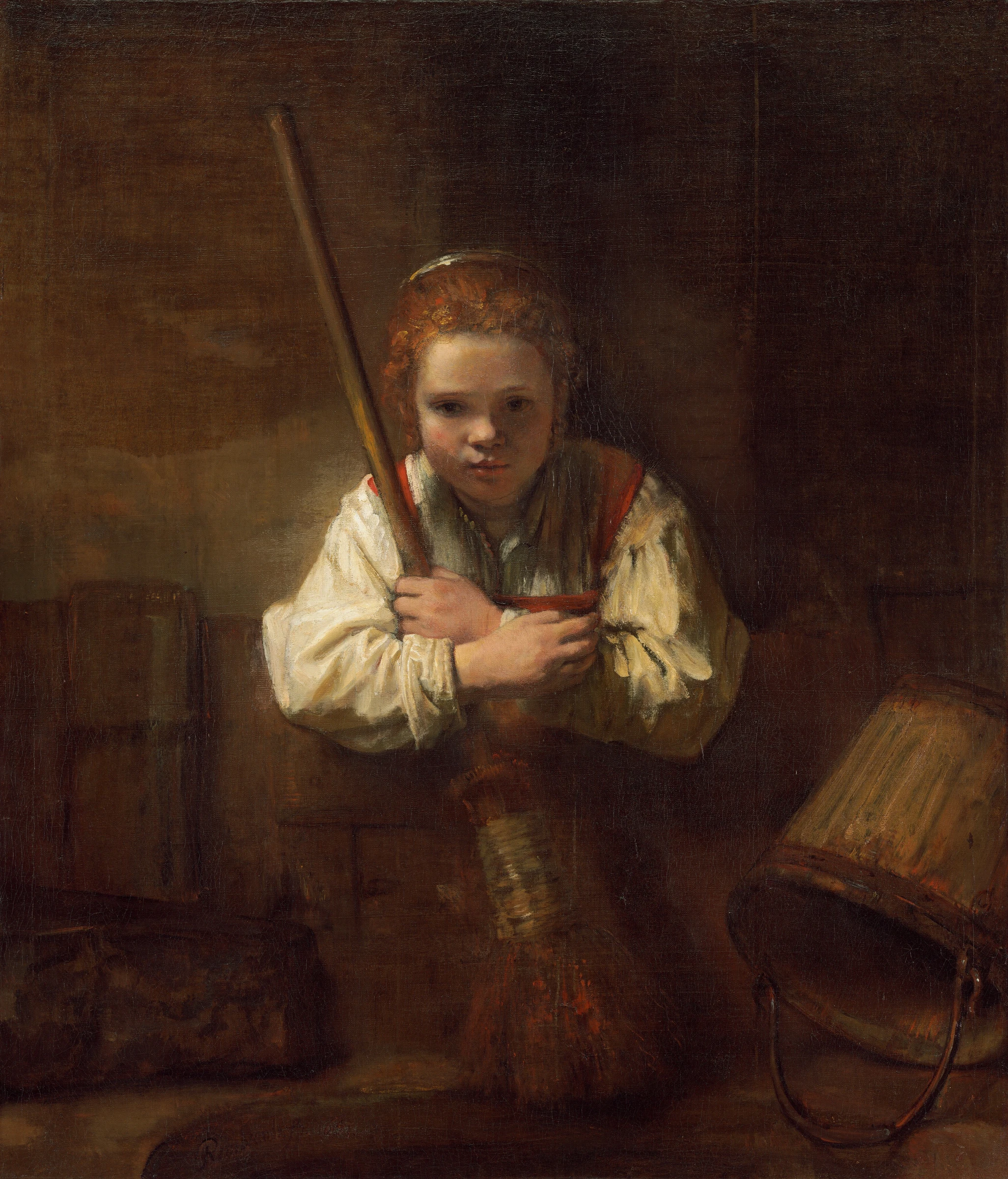 A Girl with a Broom by Rembrandt Workshop (Possibly Carel Fabritius)